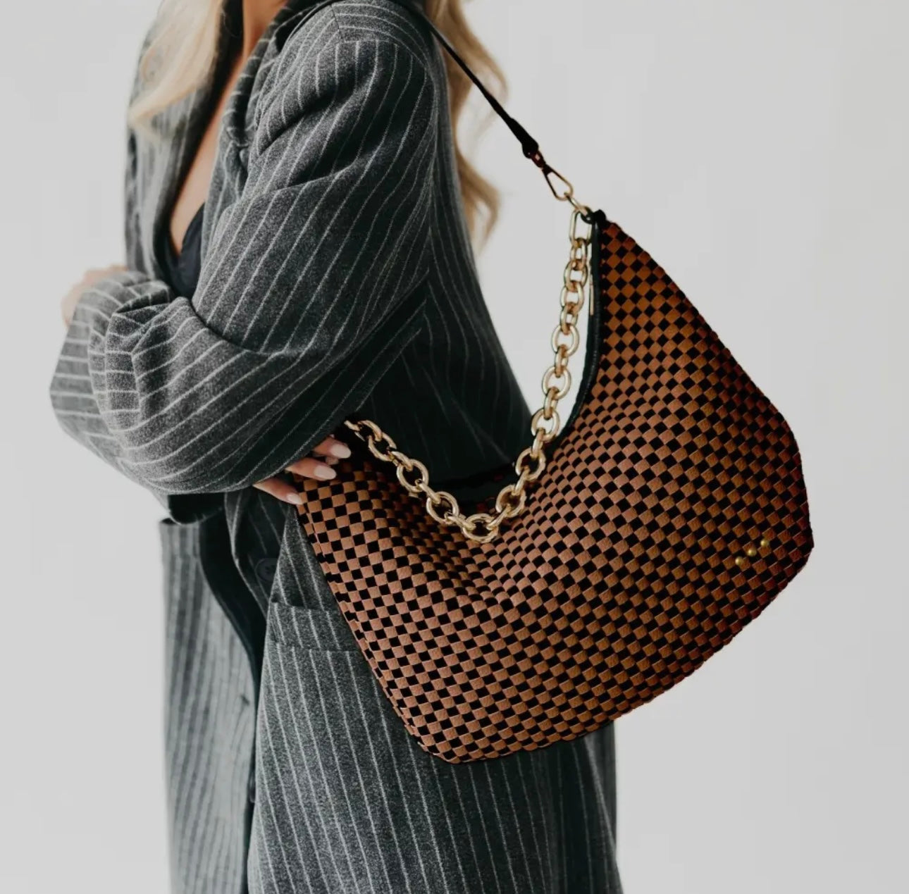 Sienna Slouchy Woven Shoulder Bag - Checkered Coffee