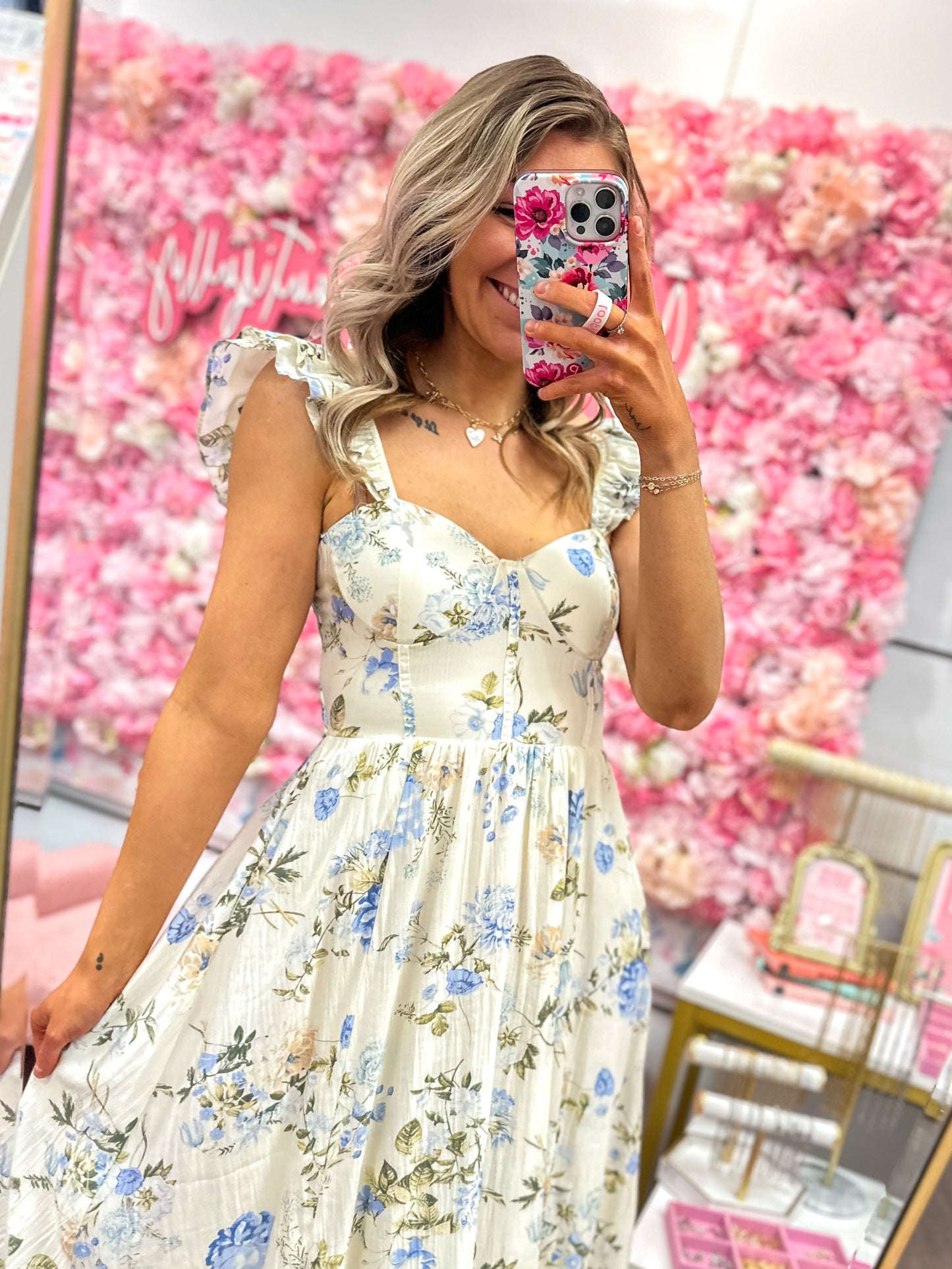 Fallon Floral Sweetheart Neck Corset Detail Maxi Dress - Ivory Multi