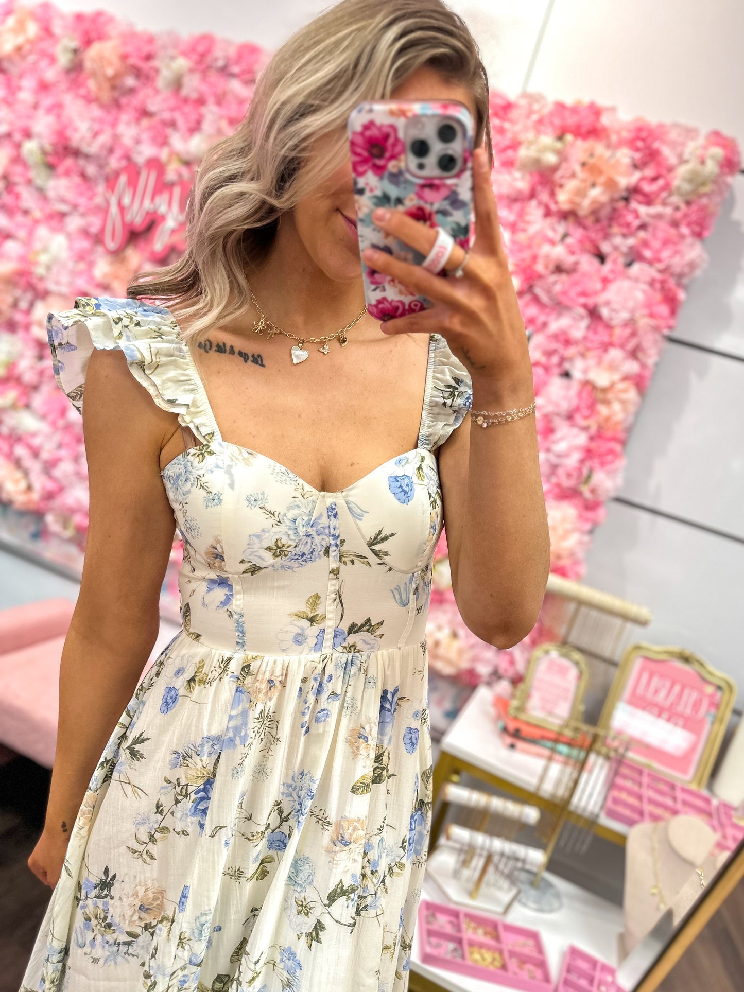 Fallon Floral Sweetheart Neck Corset Detail Maxi Dress - Ivory Multi