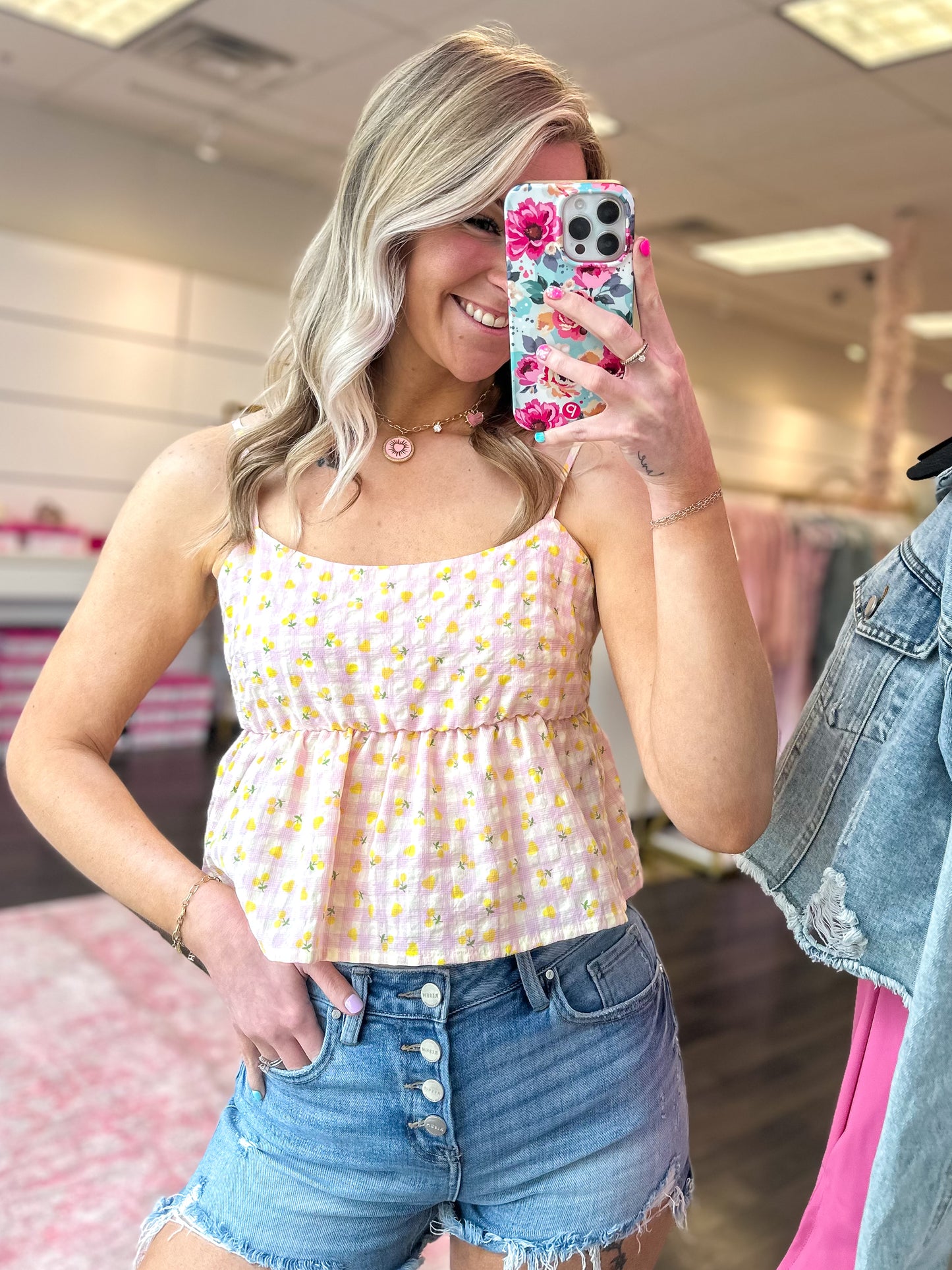Penelope Printed Gingham Ruffle Tank Top