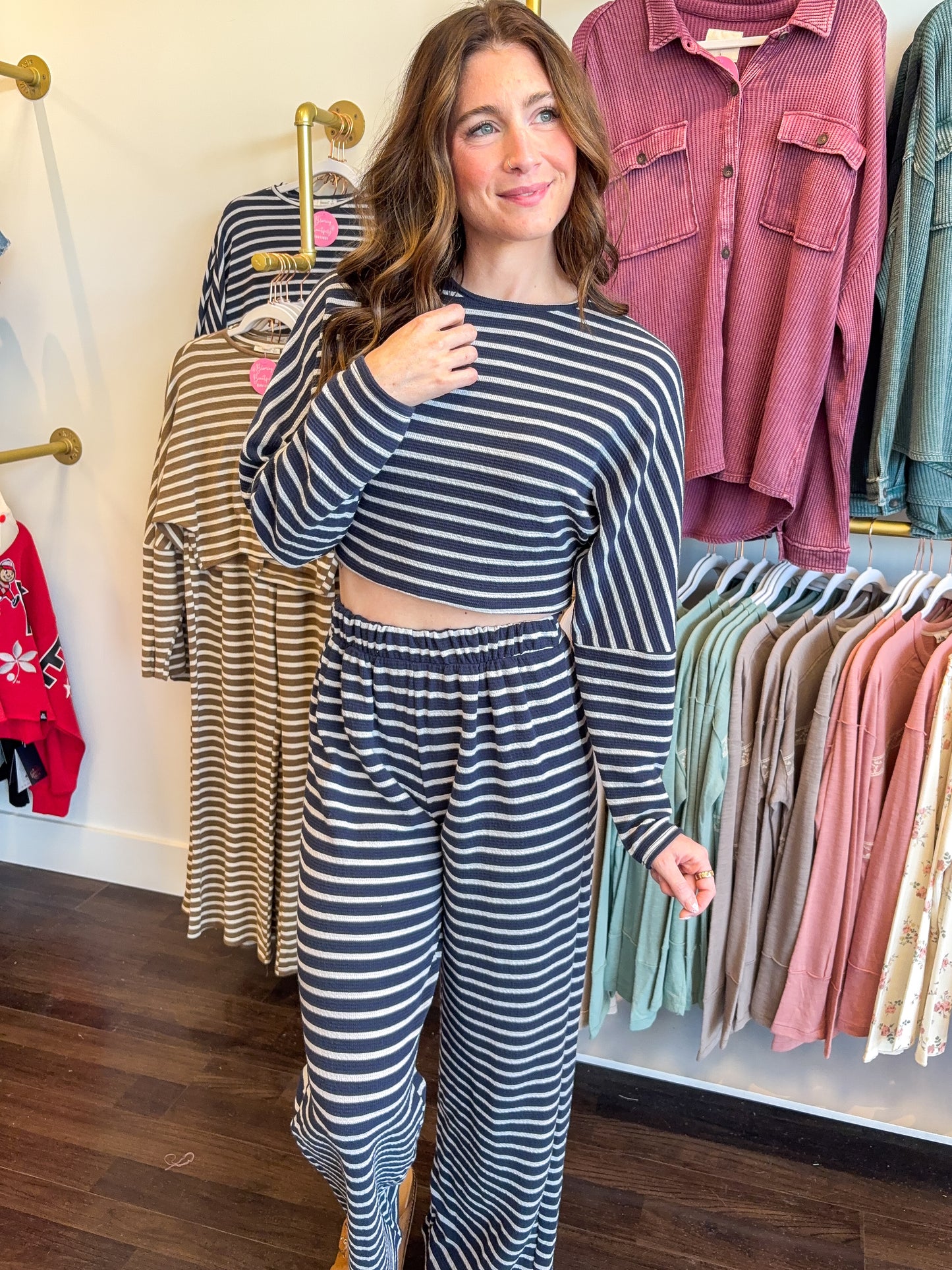Slow Sundays Striped Pant Set - Navy/Natural