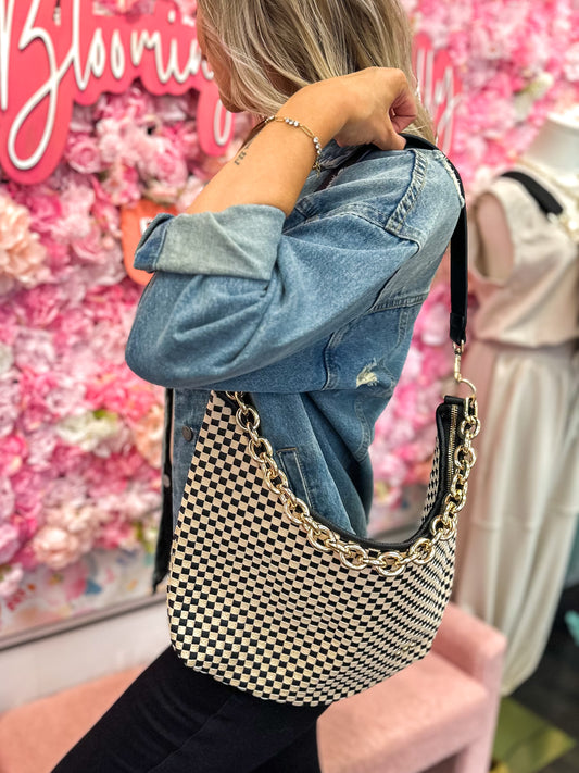 Sienna Slouchy Woven Shoulder Bag - Checkered Black