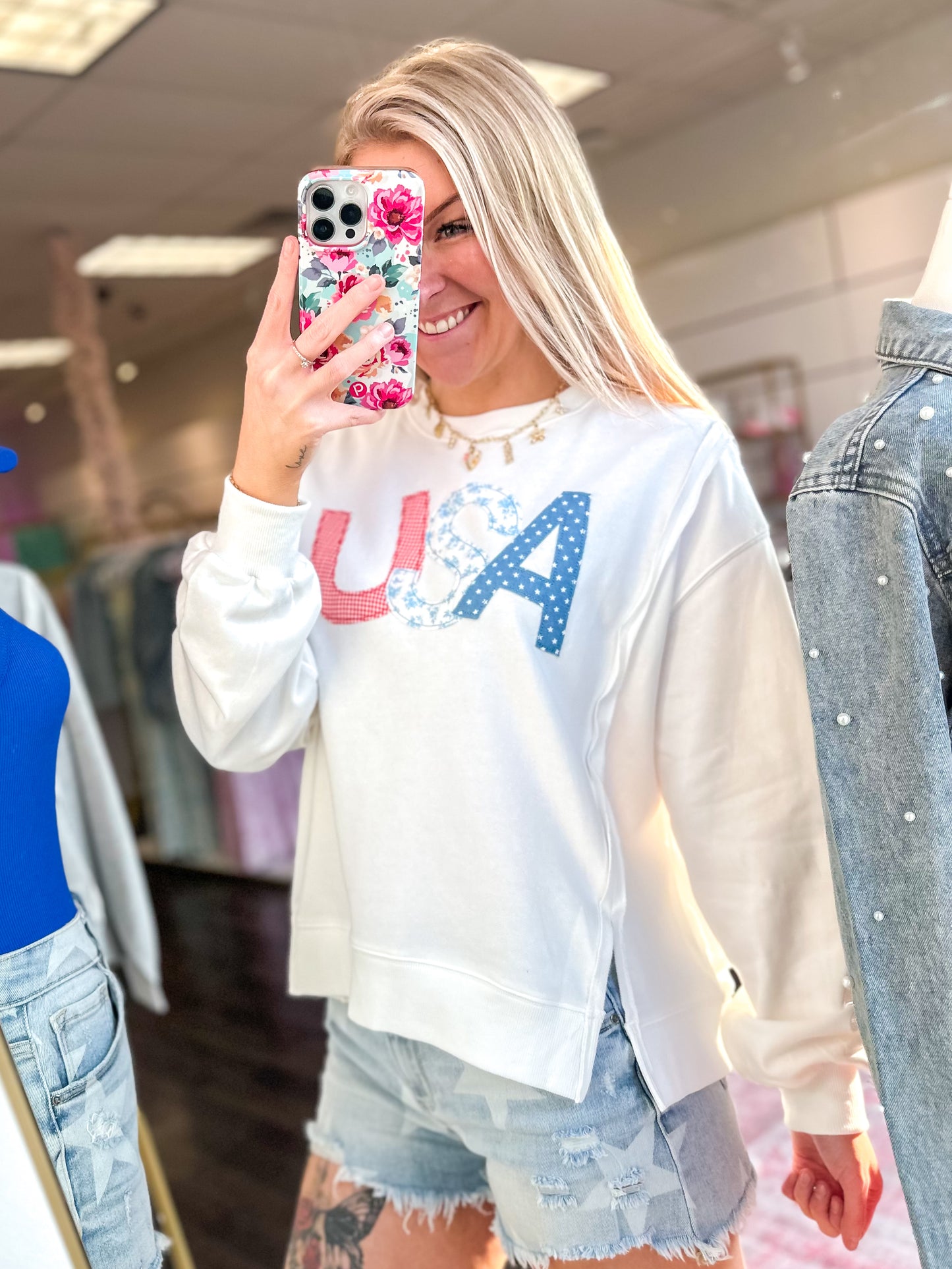 USA Patchwork Crewneck Long Sleeve Top