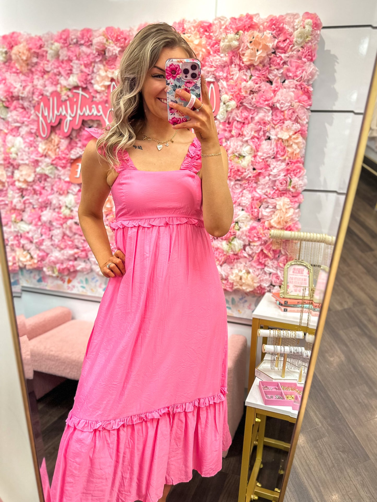 Raelynn Ruffle Detail Empire Waist Sleeveless Midi Dress - Pink