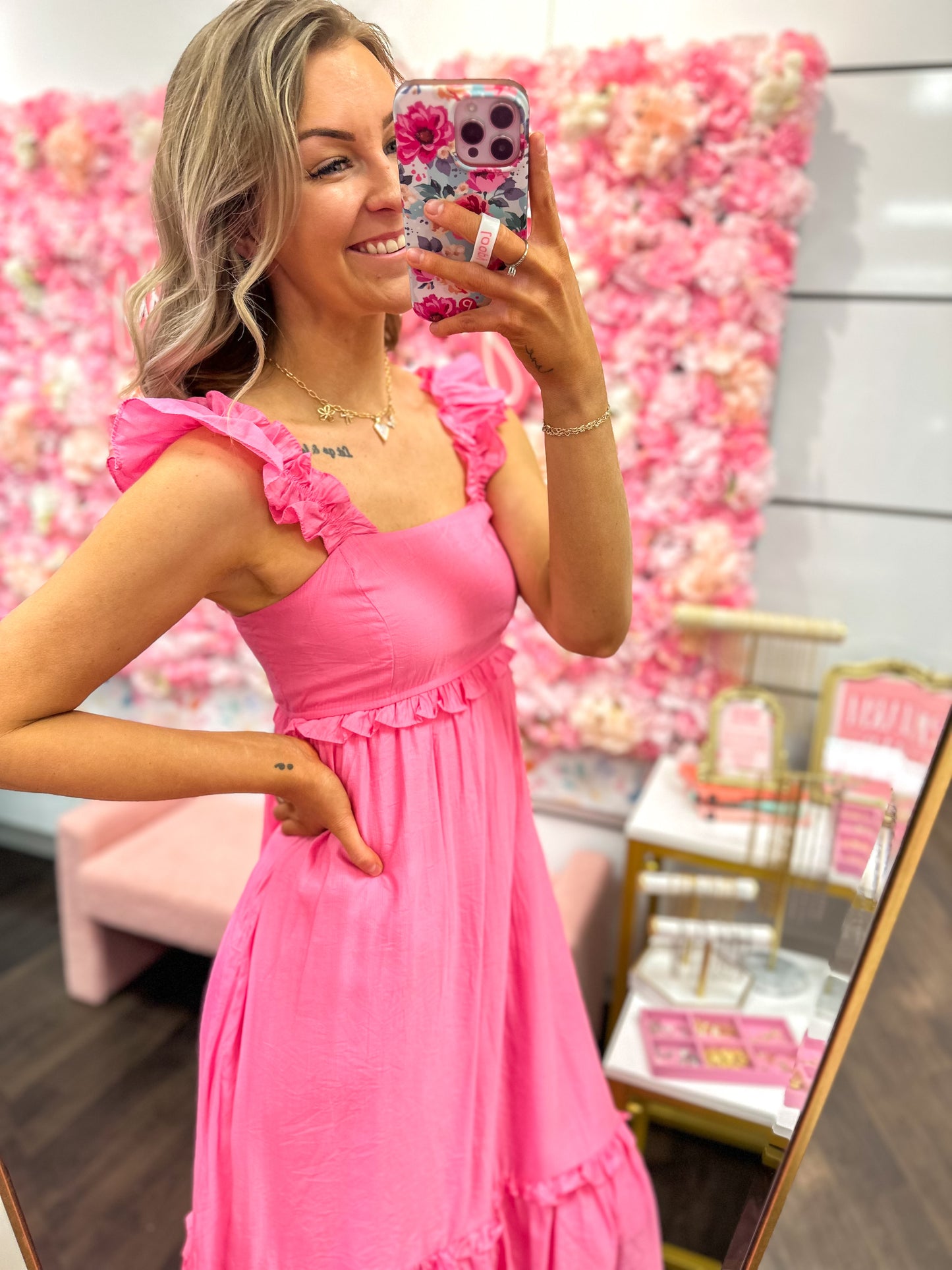 Raelynn Ruffle Detail Empire Waist Sleeveless Midi Dress - Pink