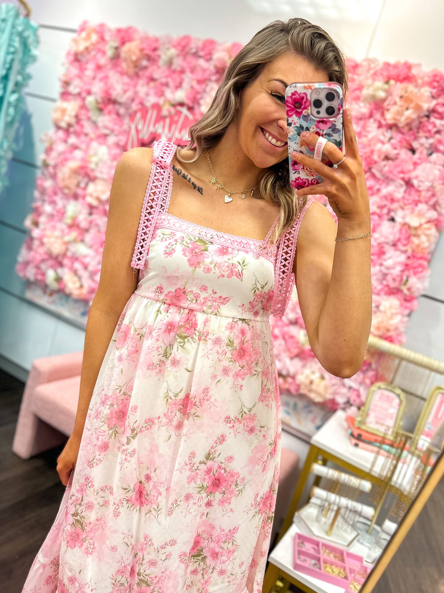 Garden Party Floral Crochet Lace Strap Maxi Dress