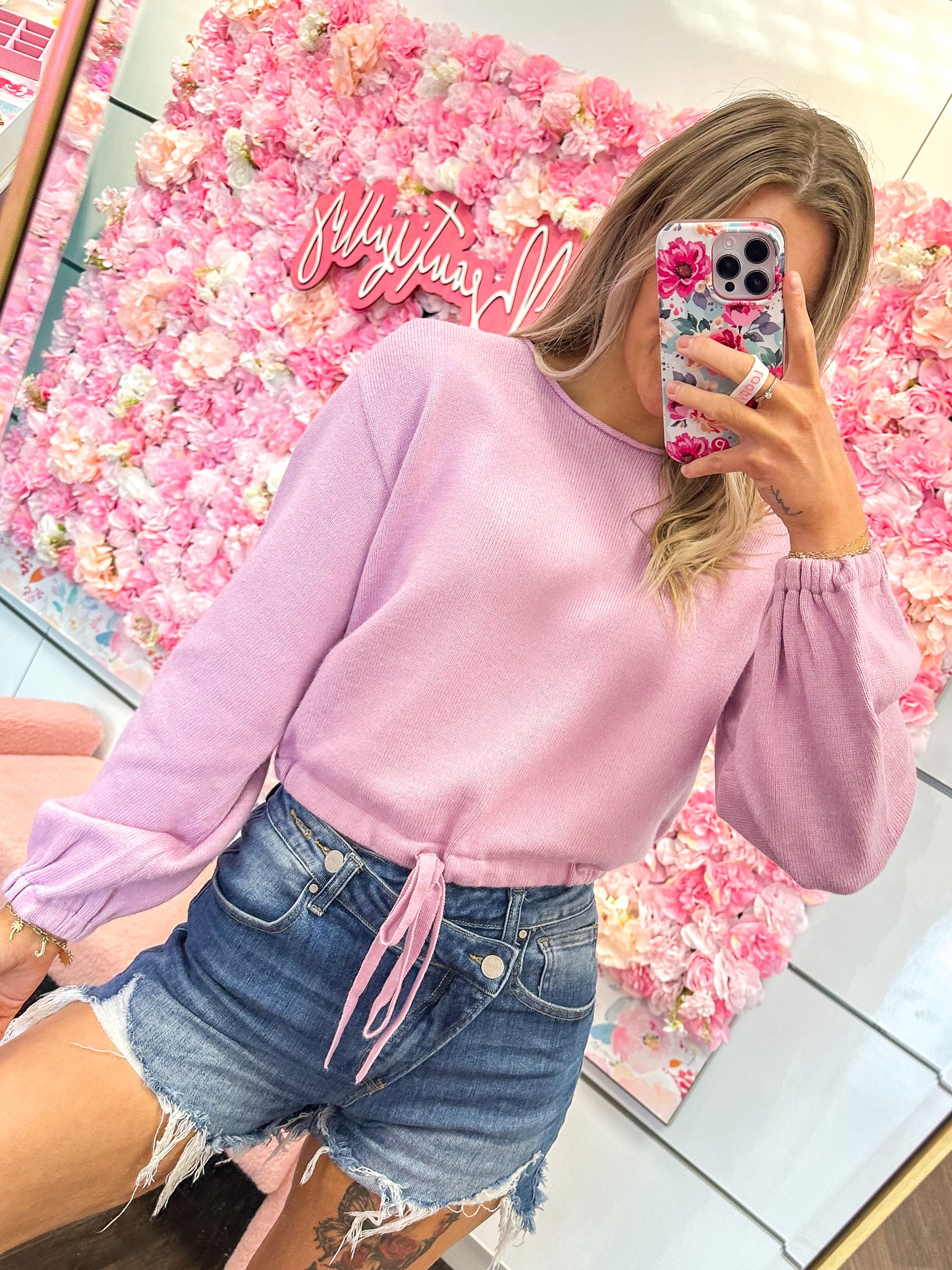Sammie Sweater Crop Top With Waist Ribbon Tie - Pink Lavender