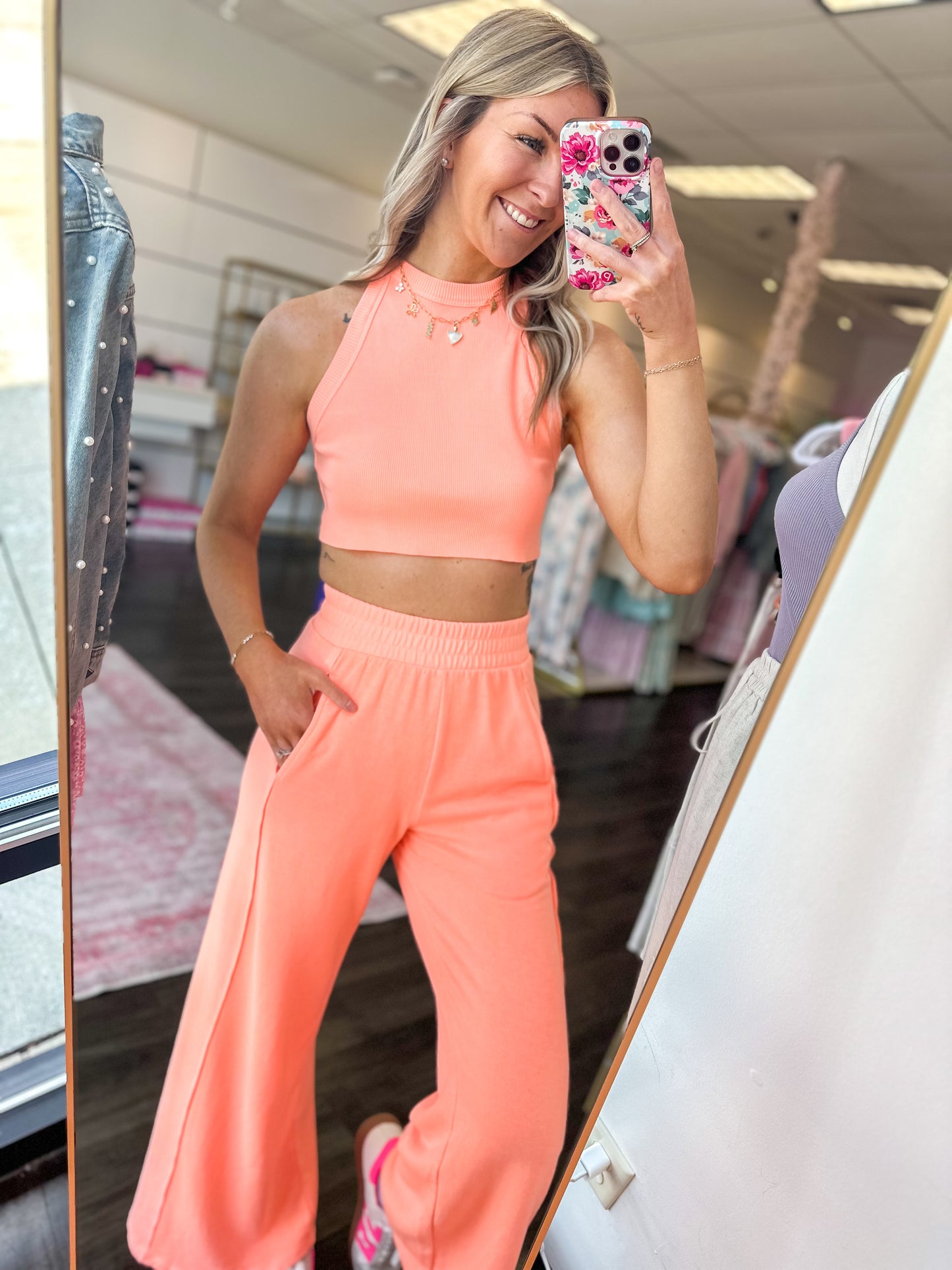 Girl On The Go Halter Crop Top & Pants Set - Neon Coral