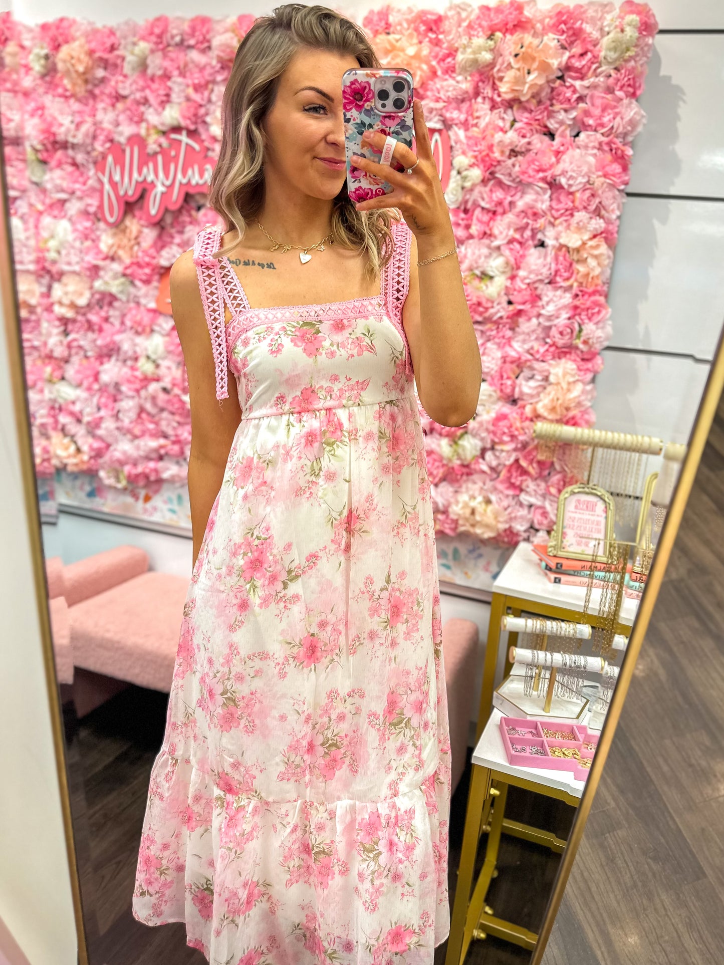 Garden Party Floral Crochet Lace Strap Maxi Dress