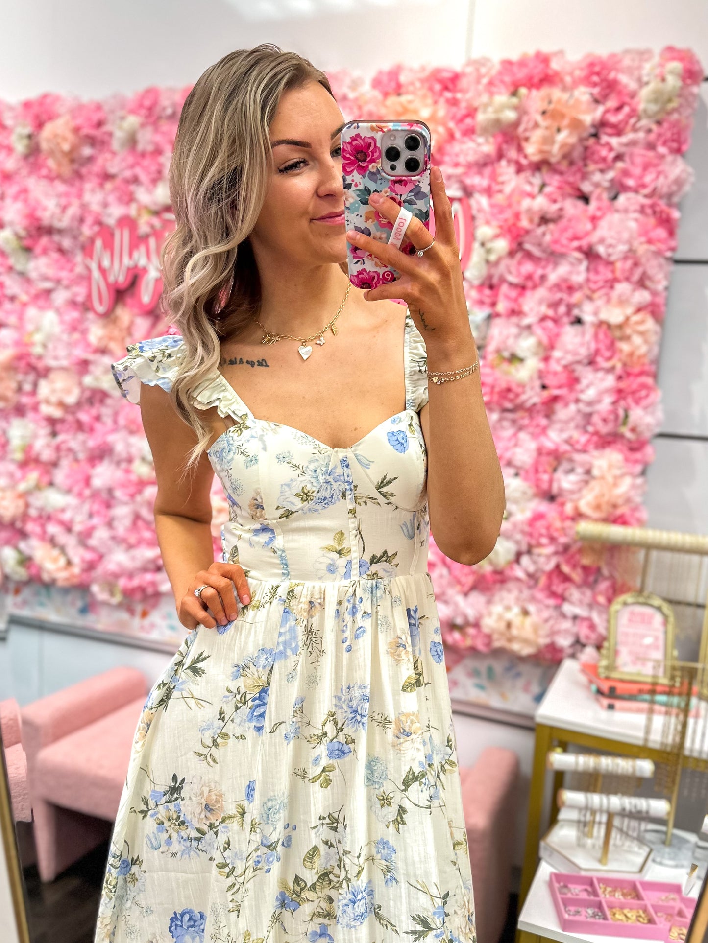 Fallon Floral Sweetheart Neck Corset Detail Maxi Dress - Ivory Multi