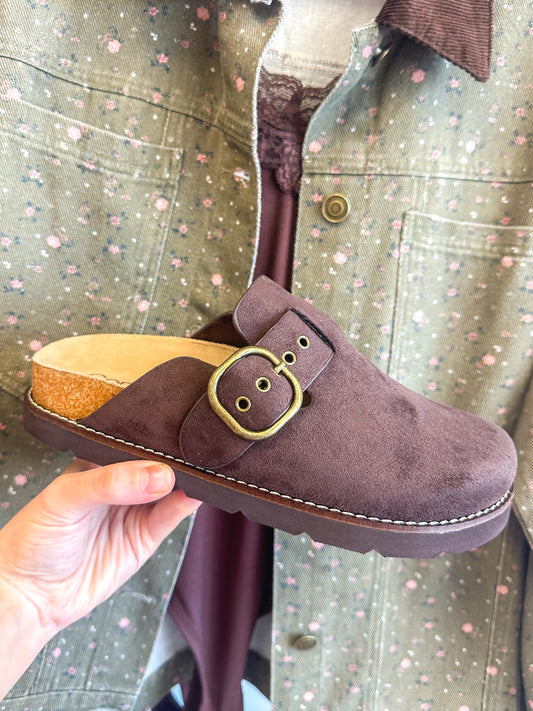 CORKY'S: Distracted Chocolate Faux Suede Clogs