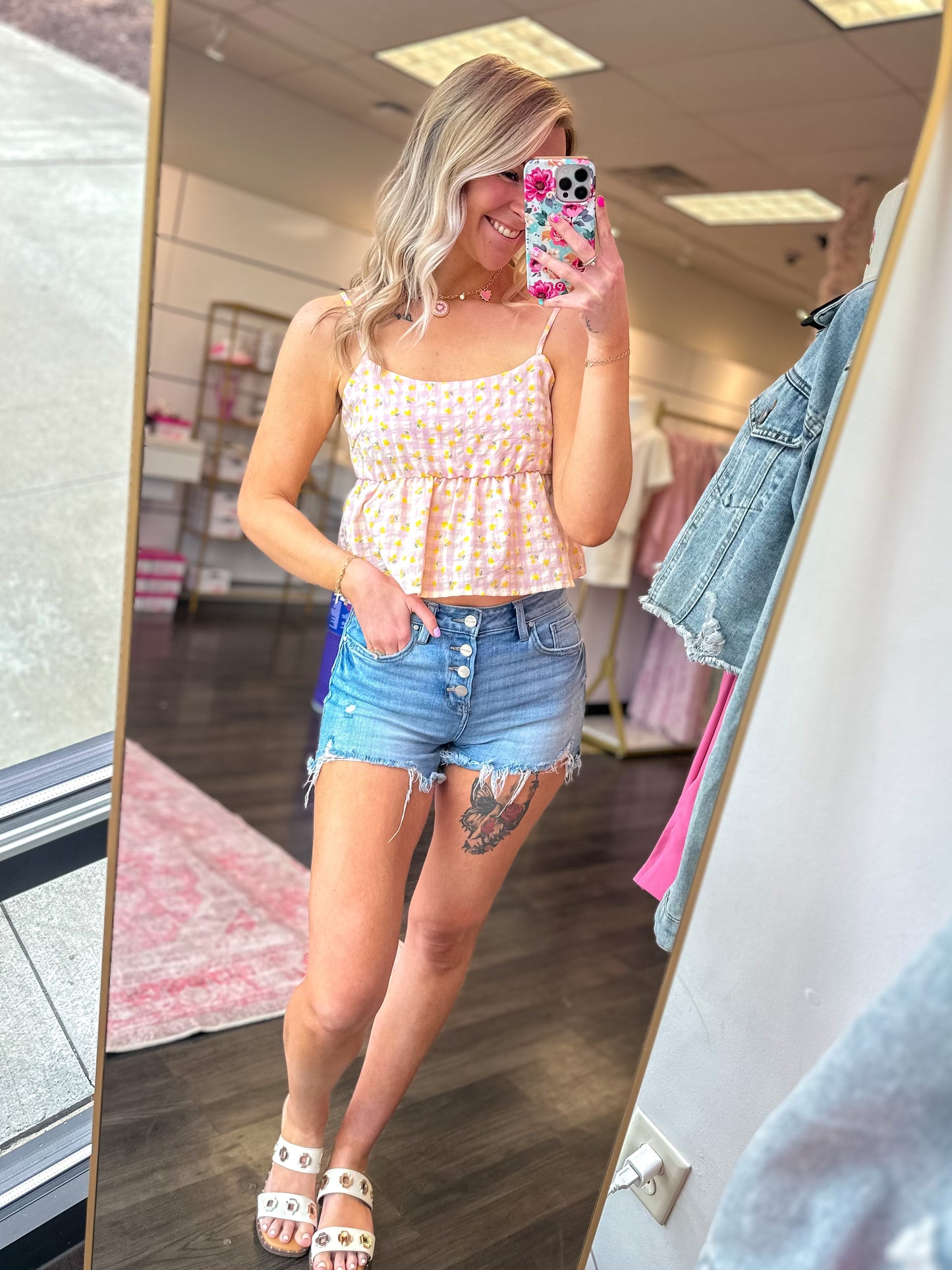 Penelope Printed Gingham Ruffle Tank Top