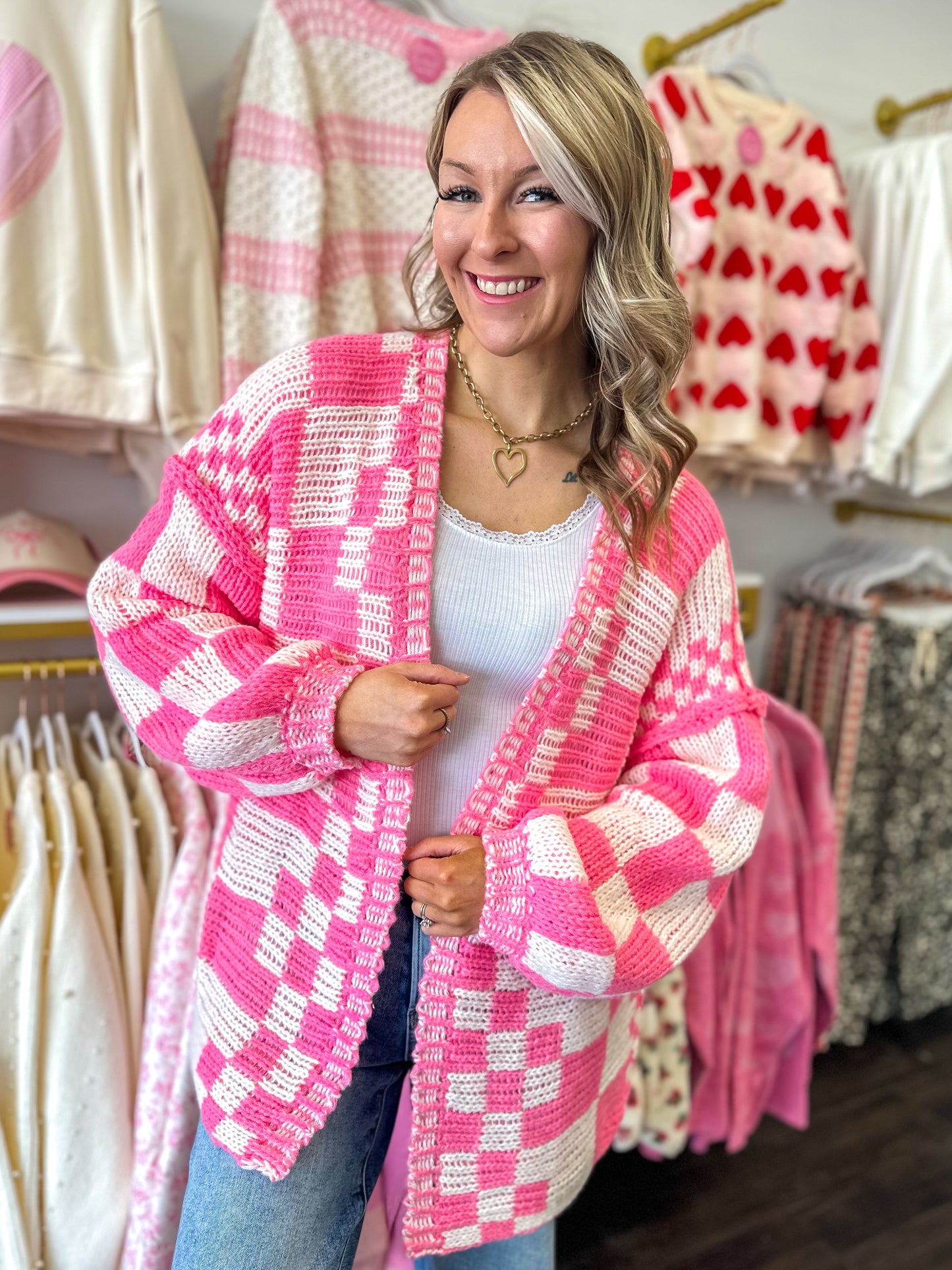 Checkmate Cutie Cardigan - Neon Pink