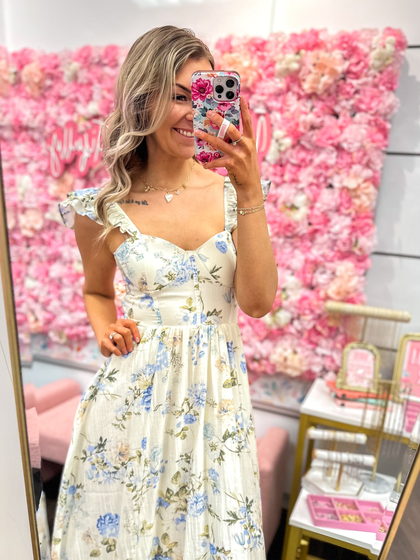 Fallon Floral Sweetheart Neck Corset Detail Maxi Dress - Ivory Multi