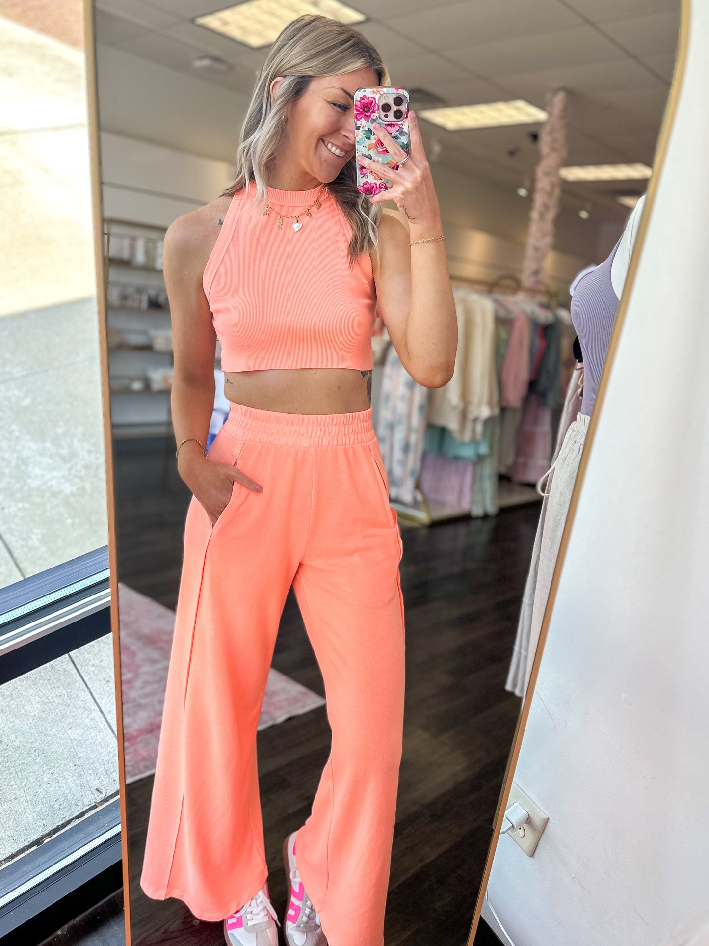 Girl On The Go Halter Crop Top & Pants Set - Neon Coral