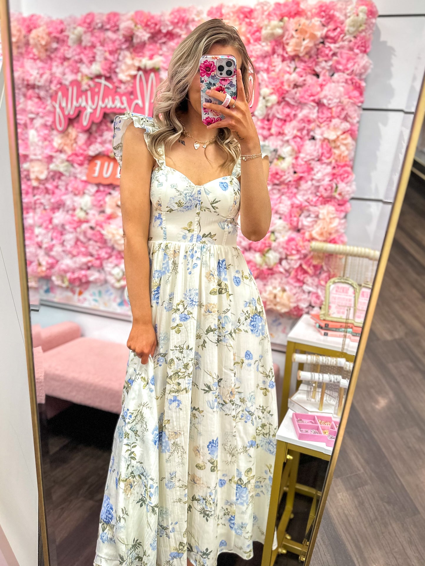 Fallon Floral Sweetheart Neck Corset Detail Maxi Dress - Ivory Multi