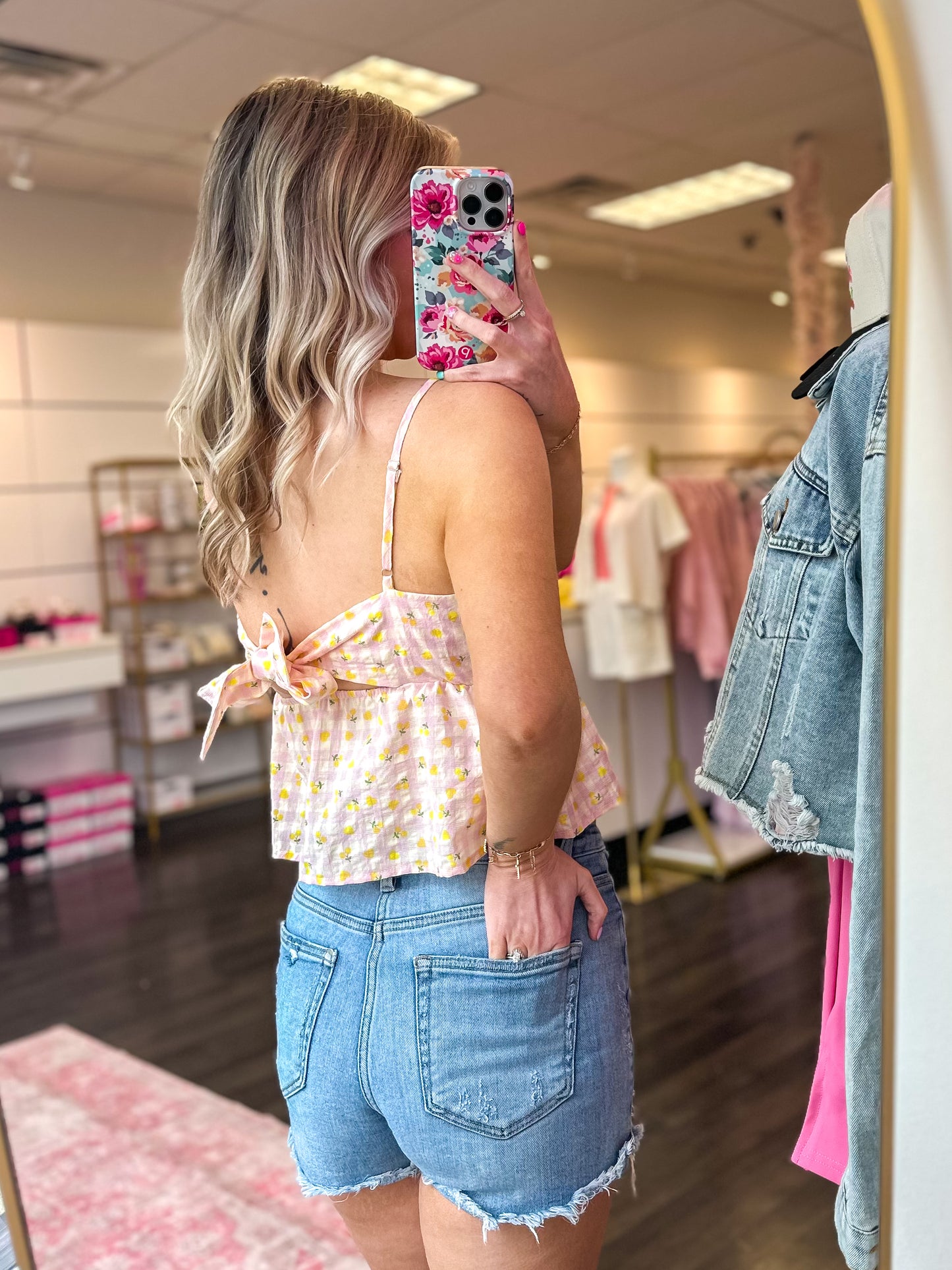 Penelope Printed Gingham Ruffle Tank Top