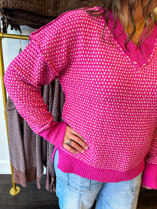 Callie Contrast Stitch Sweater - Hot Pink