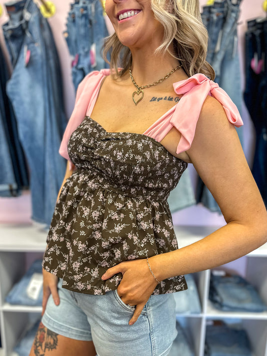 Blushing Bloom Smocked Blouse - Brown/Pink