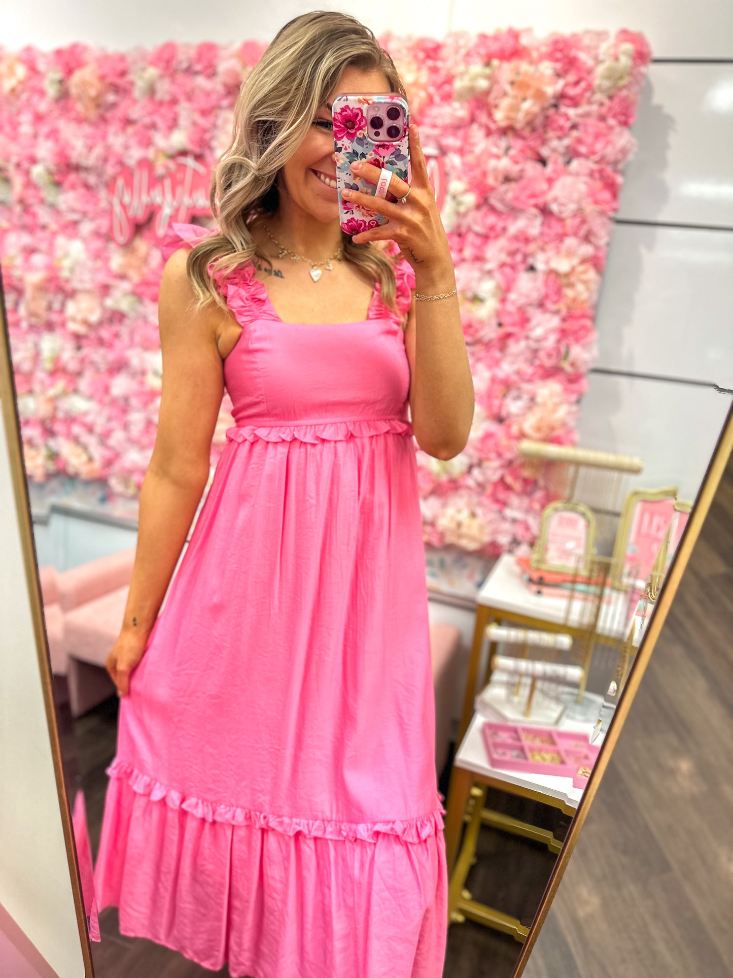 Raelynn Ruffle Detail Empire Waist Sleeveless Midi Dress - Pink
