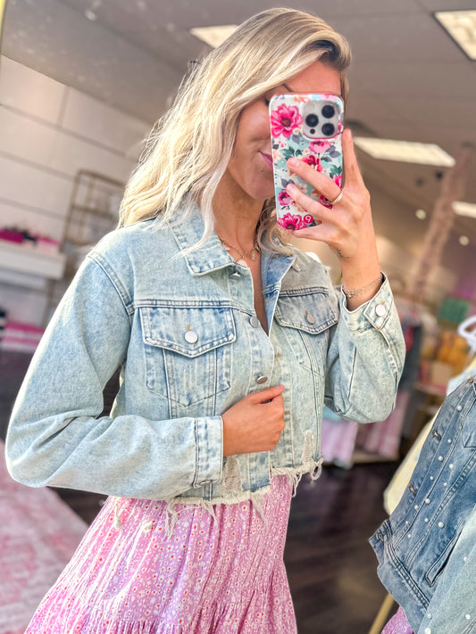 Rebel Ripped Cropped Denim Jacket - Light Wash