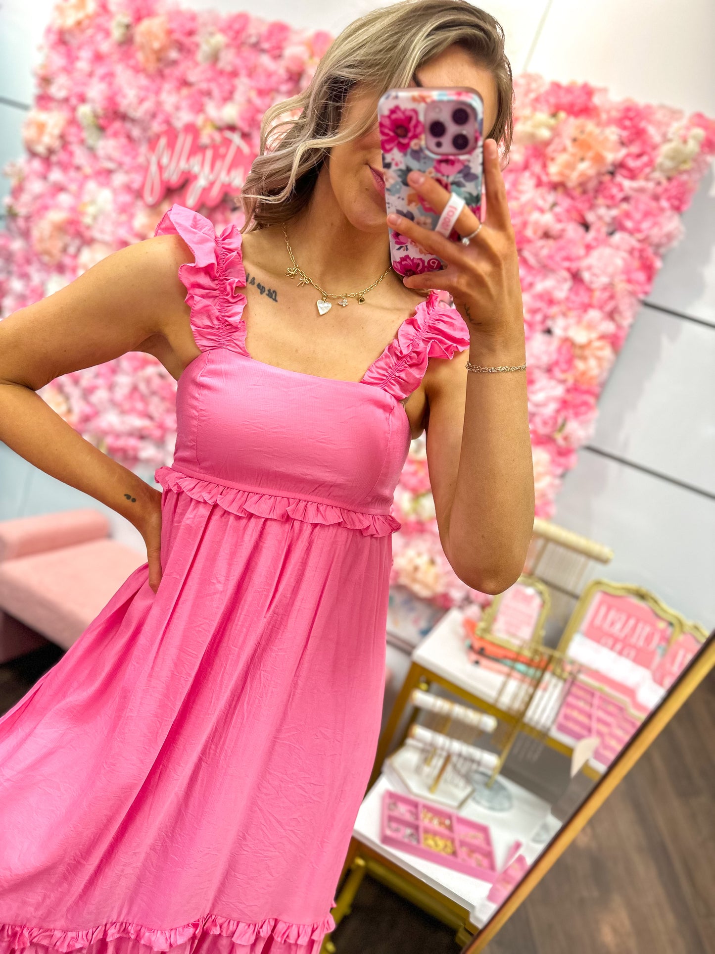 Raelynn Ruffle Detail Empire Waist Sleeveless Midi Dress - Pink