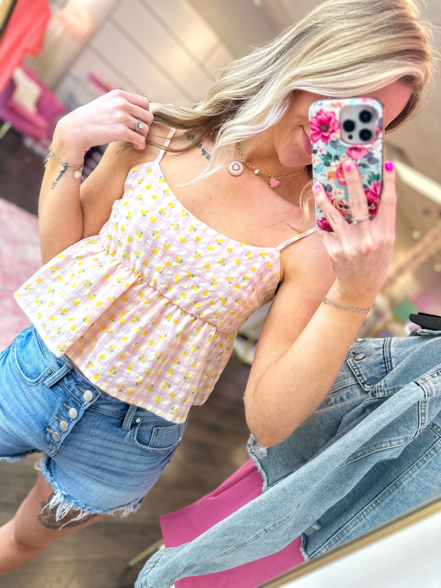 Penelope Printed Gingham Ruffle Tank Top