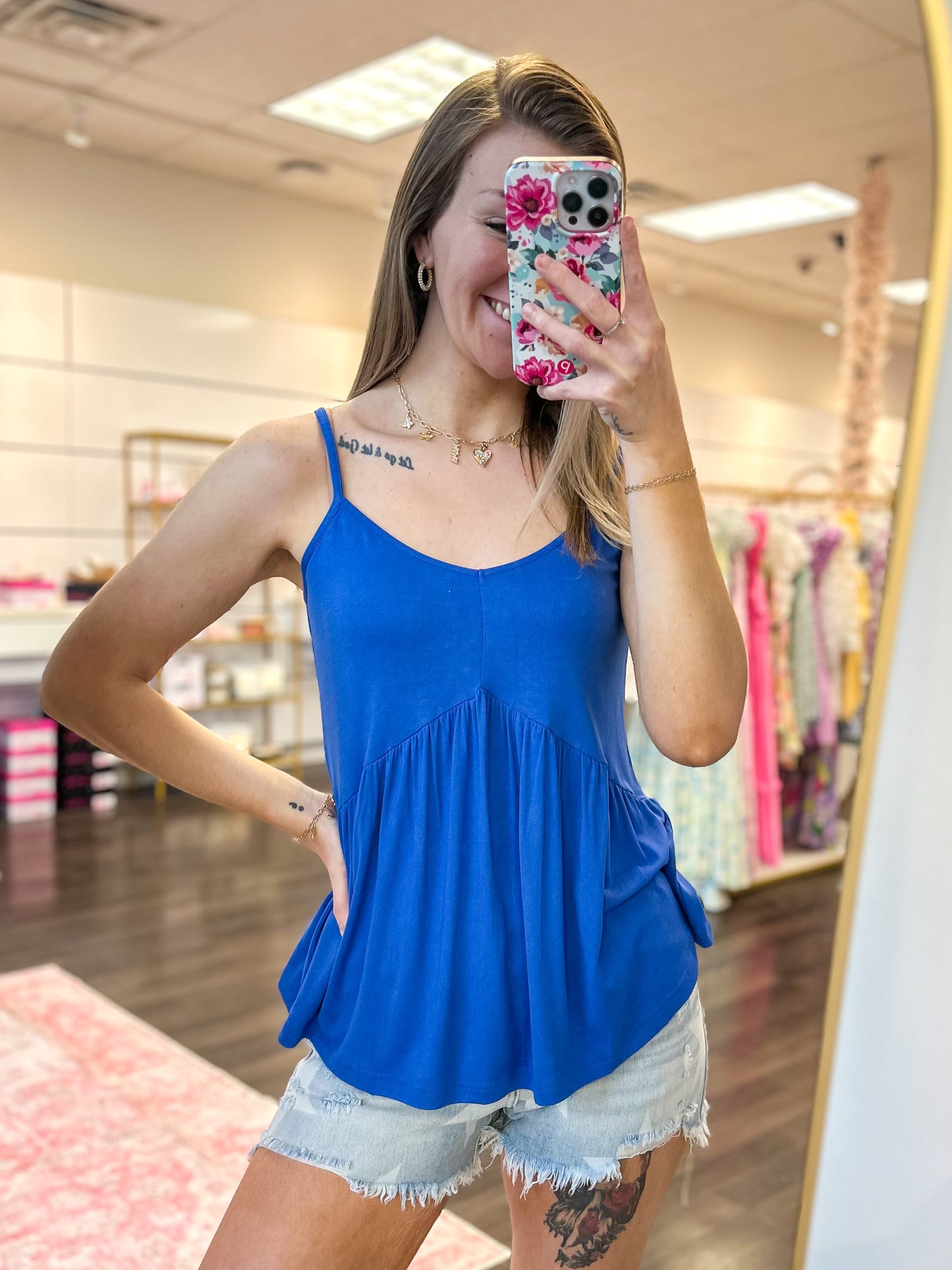 Women's Babydoll Style French Blue Tank Top Blooming Beautifully Boutique