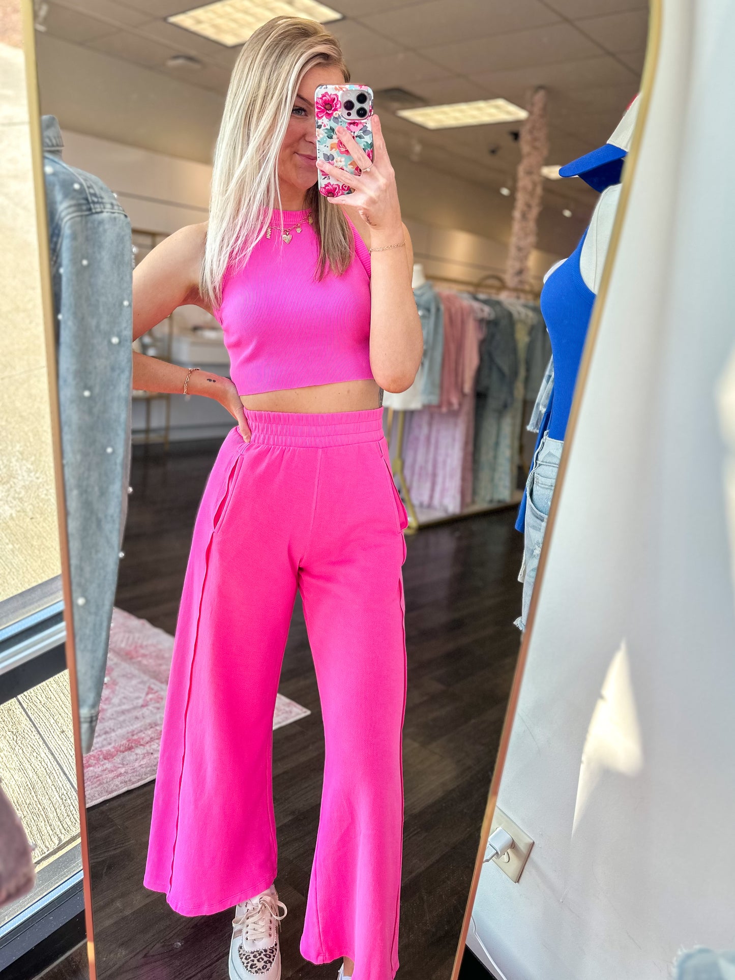 Girl On The Go Halter Neck Crop Top & Pants Set - Fuchsia