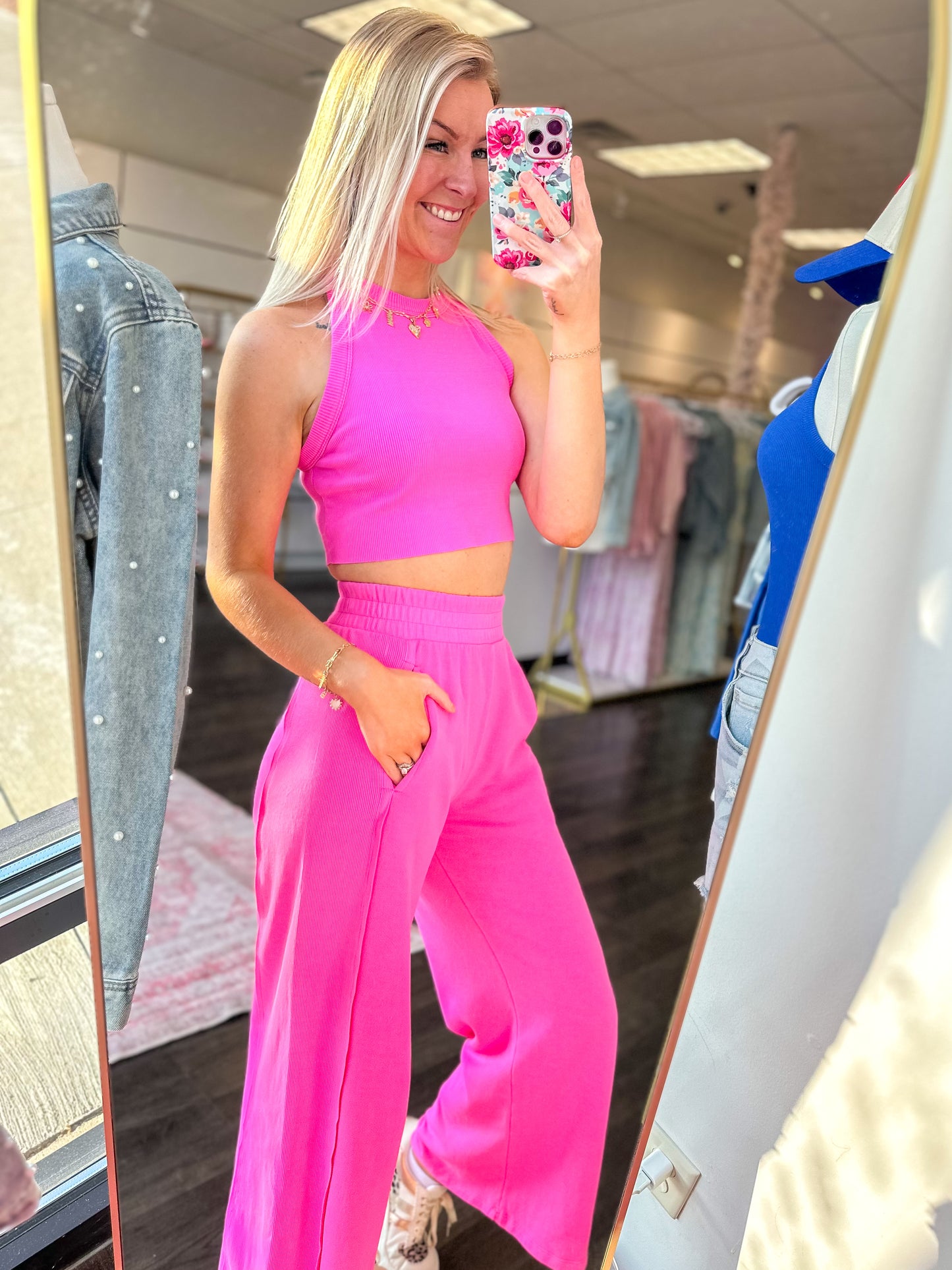Girl On The Go Halter Neck Crop Top & Pants Set - Fuchsia