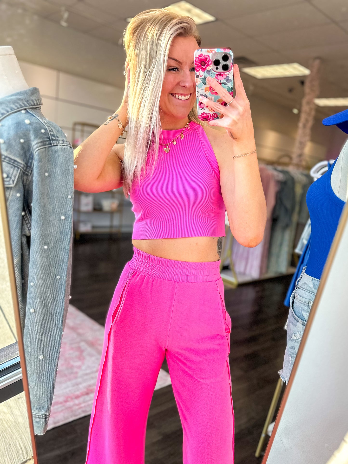 Girl On The Go Halter Neck Crop Top & Pants Set - Fuchsia