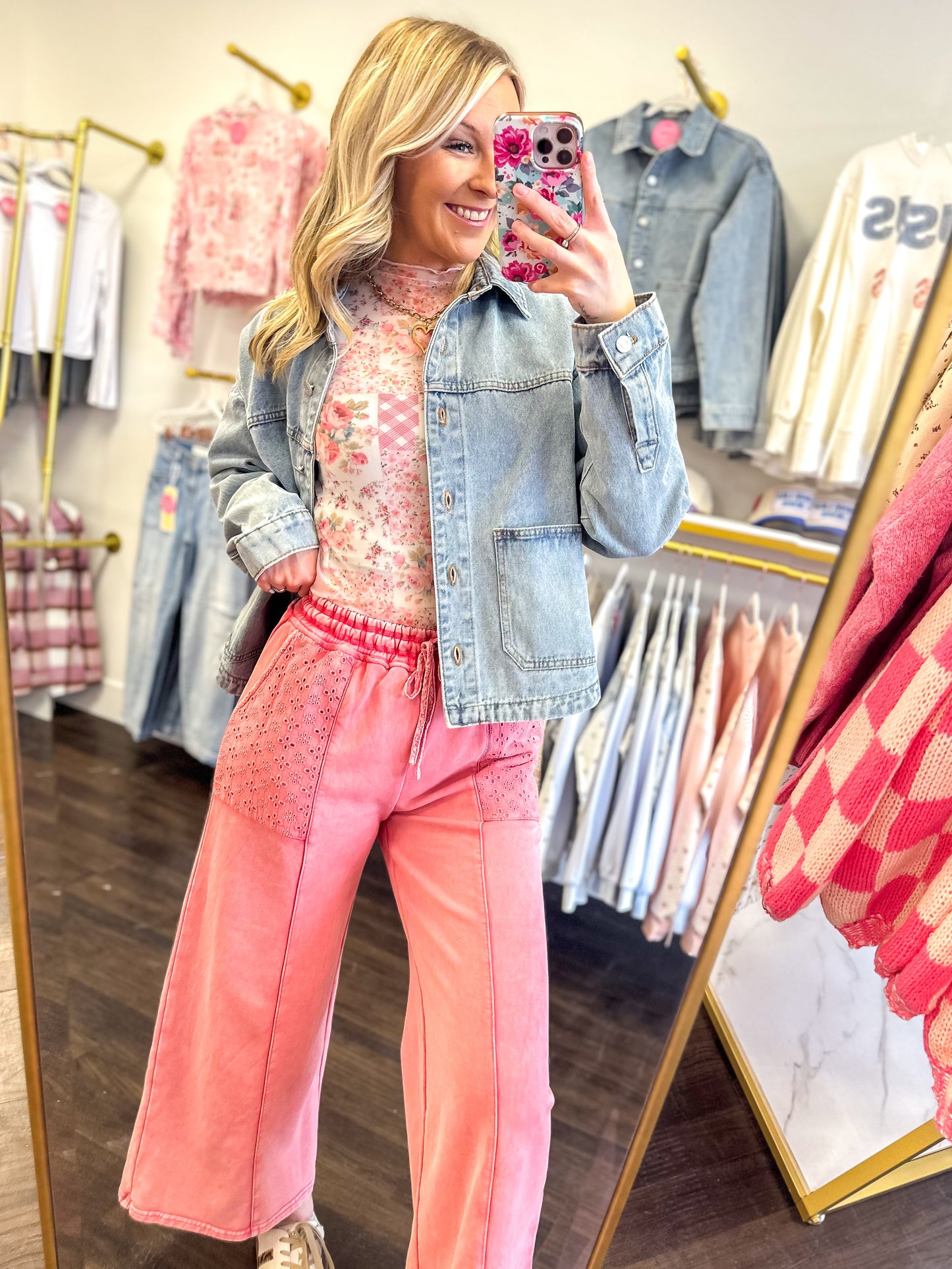 Everly Eyelet Wide Leg Pants - Peacock & Pink