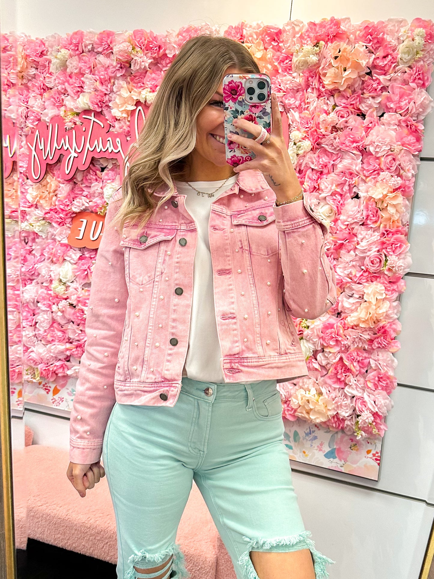 Aria All Over Pearl Cropped Denim Jacket - Pink