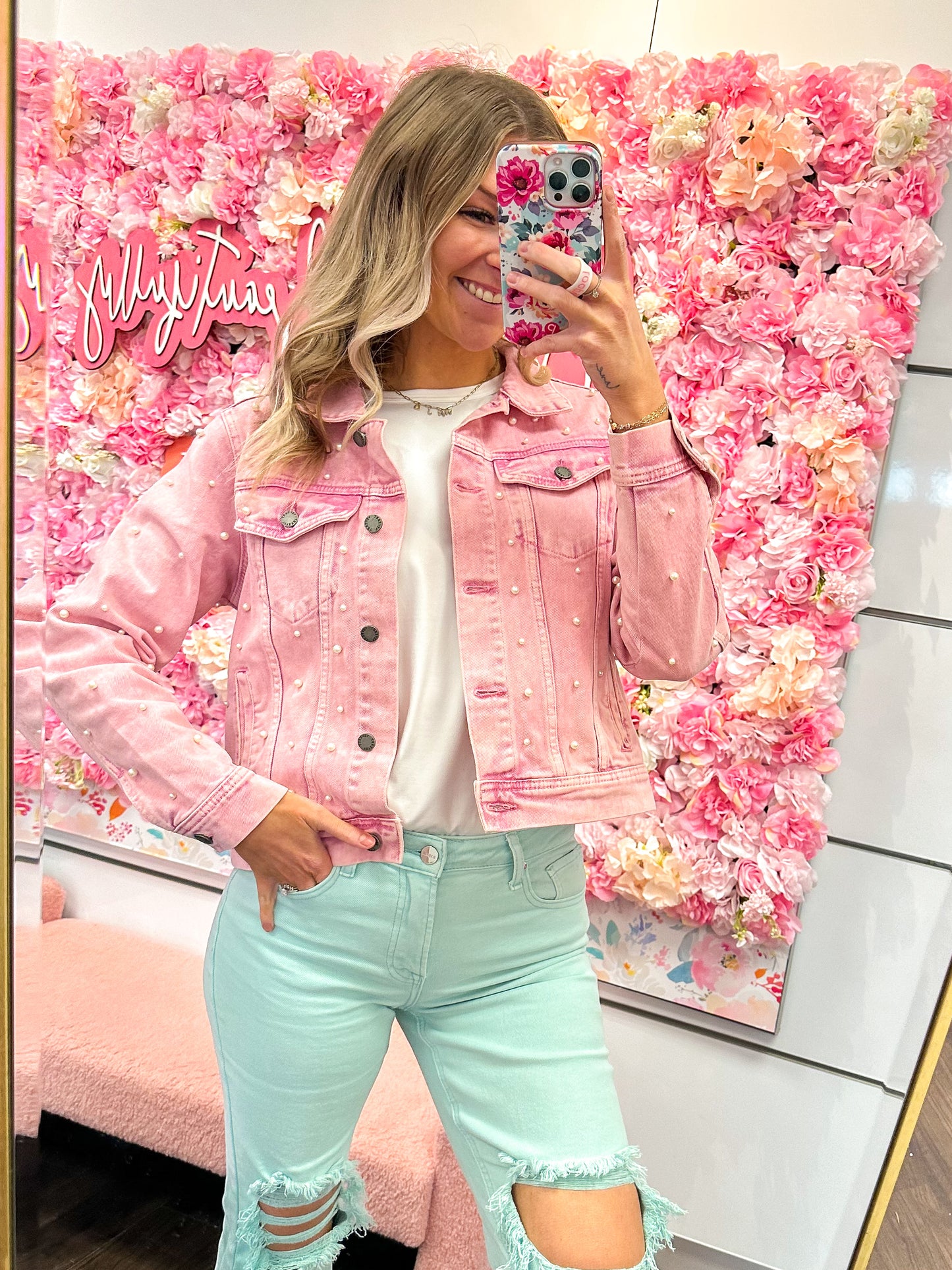 Aria All Over Pearl Cropped Denim Jacket - Pink