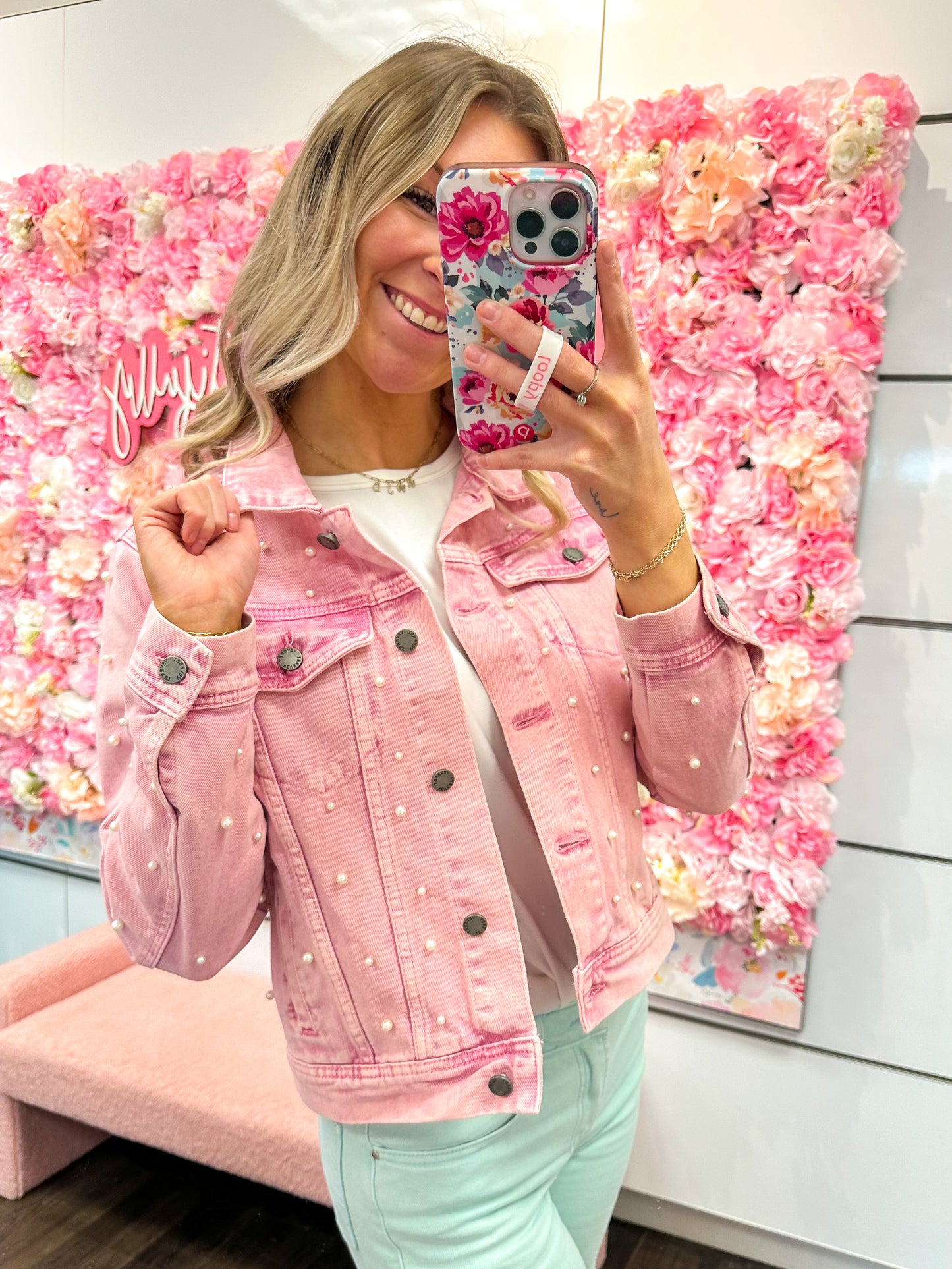 Aria All Over Pearl Cropped Denim Jacket - Pink