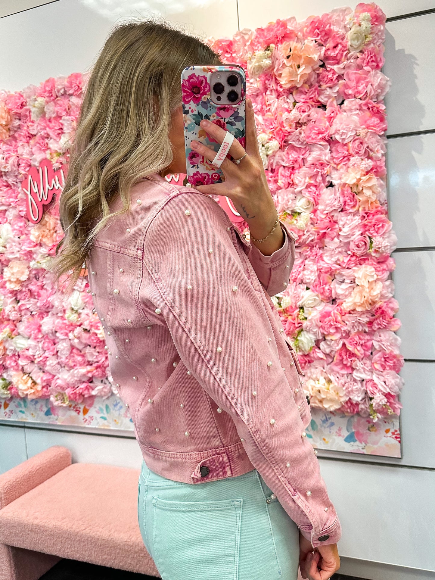 Aria All Over Pearl Cropped Denim Jacket - Pink