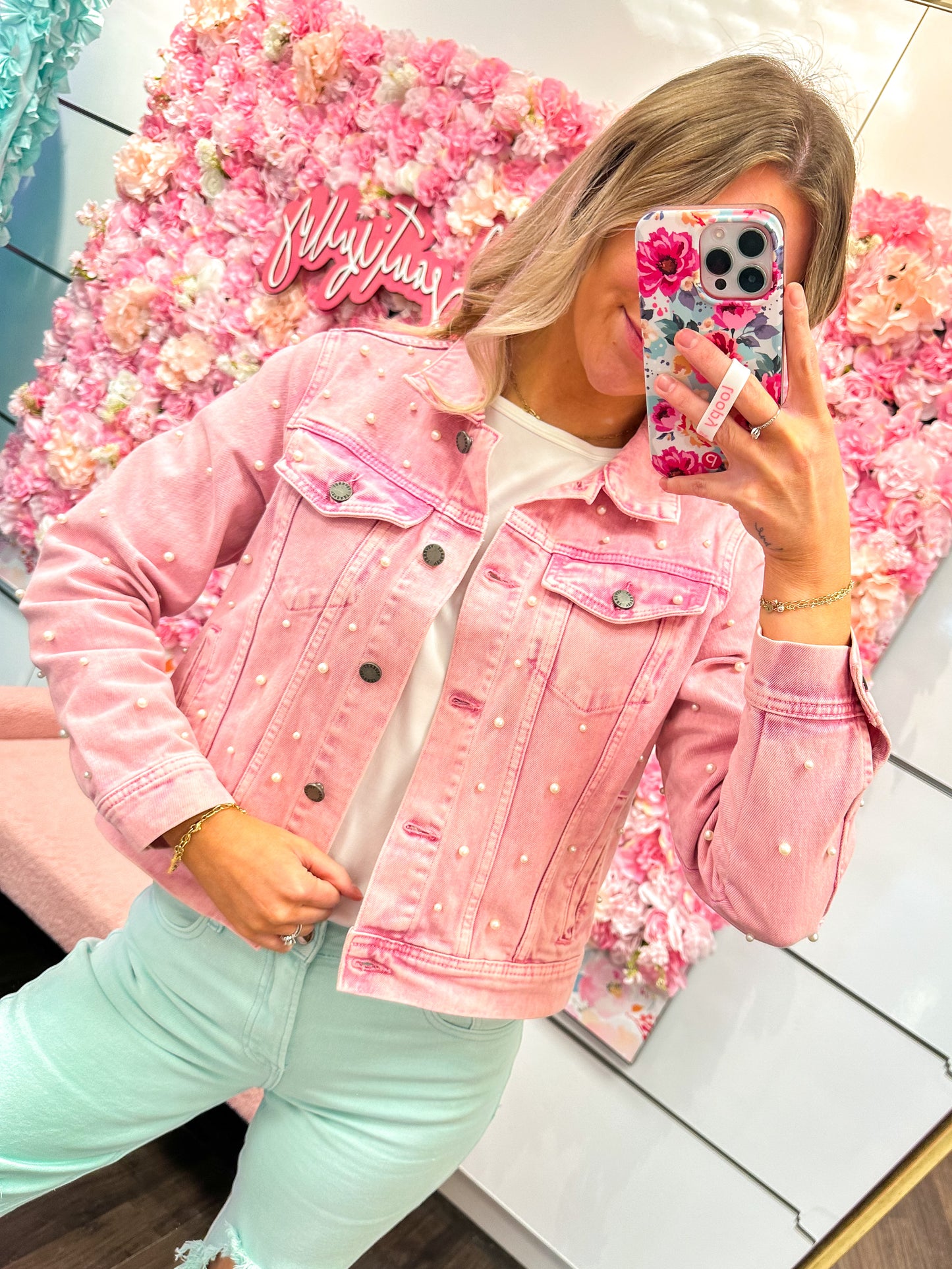 Aria All Over Pearl Cropped Denim Jacket - Pink
