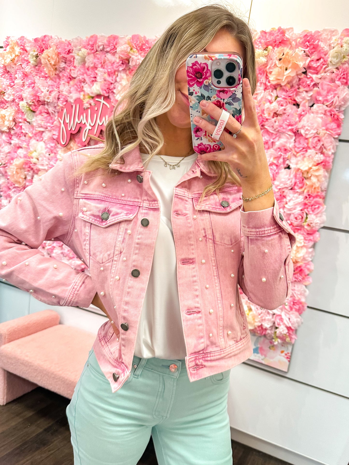 Aria All Over Pearl Cropped Denim Jacket - Pink