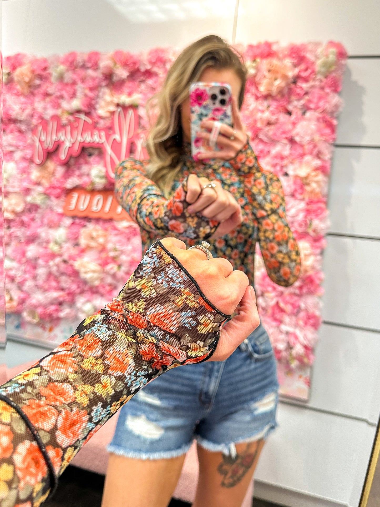Miley Mockneck Long Sleeve Floral Print Mesh Top - Black