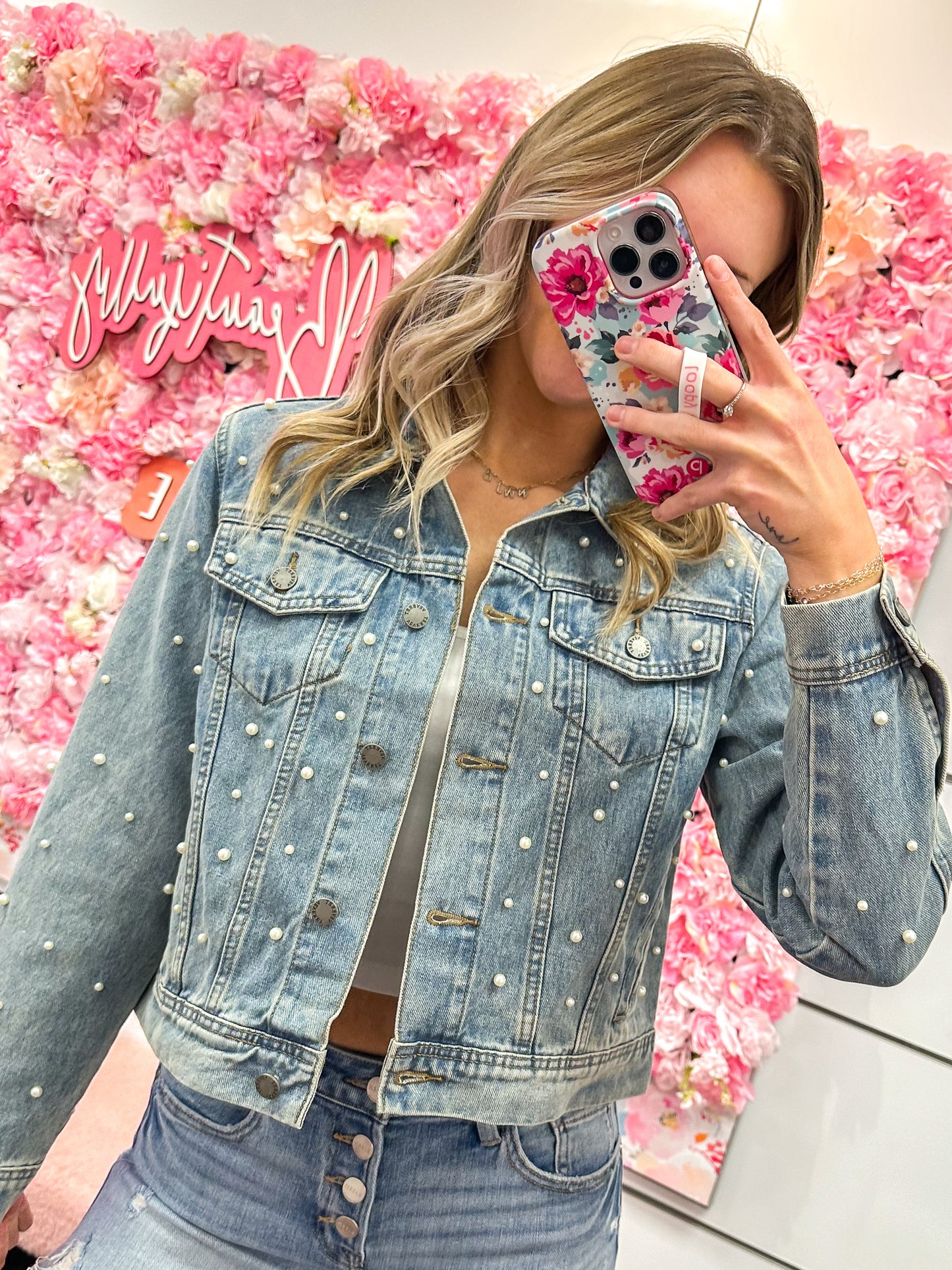 Aria All Over Pearl Cropped Denim Jacket - Medium
