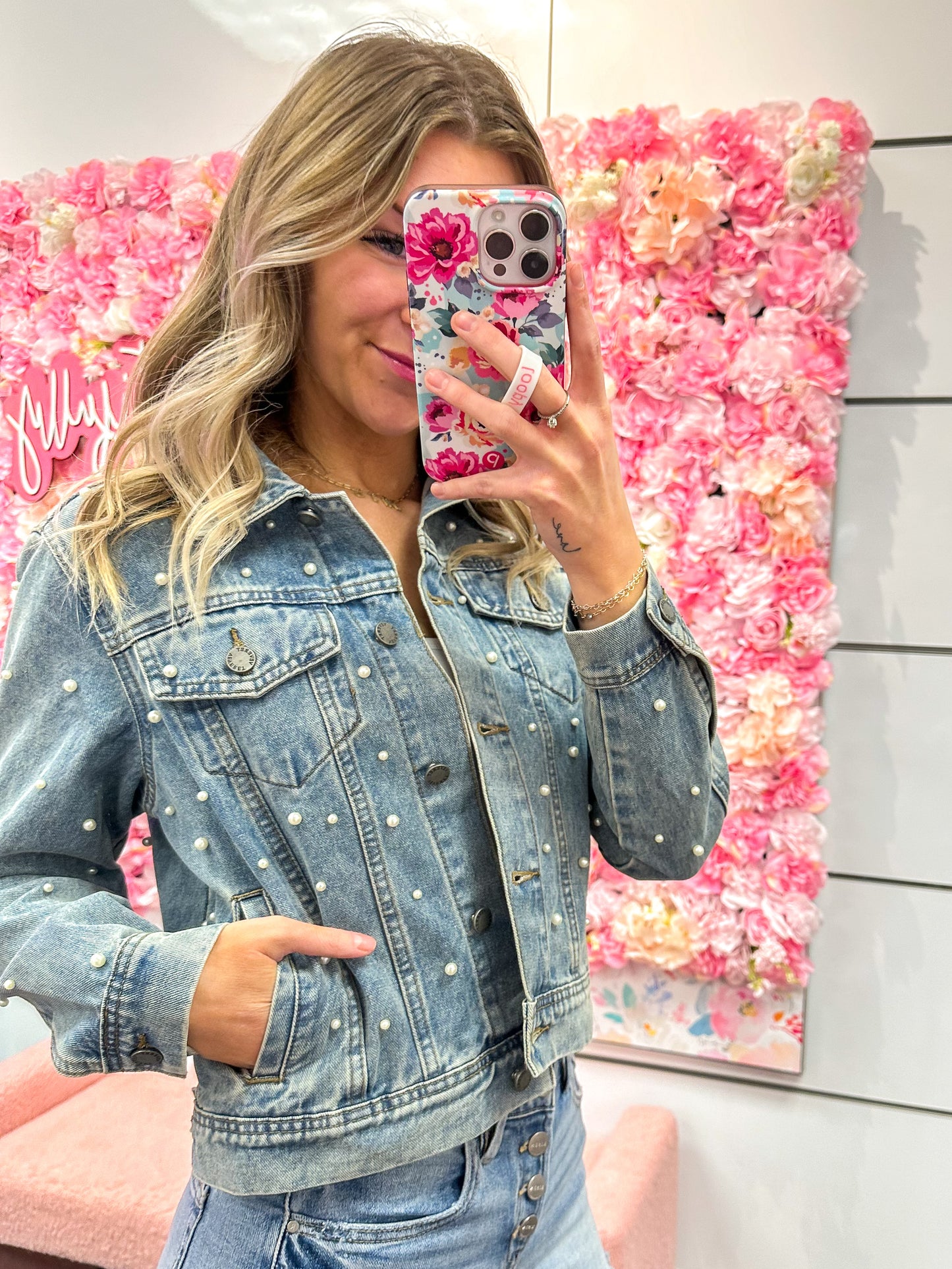 Aria All Over Pearl Cropped Denim Jacket - Medium