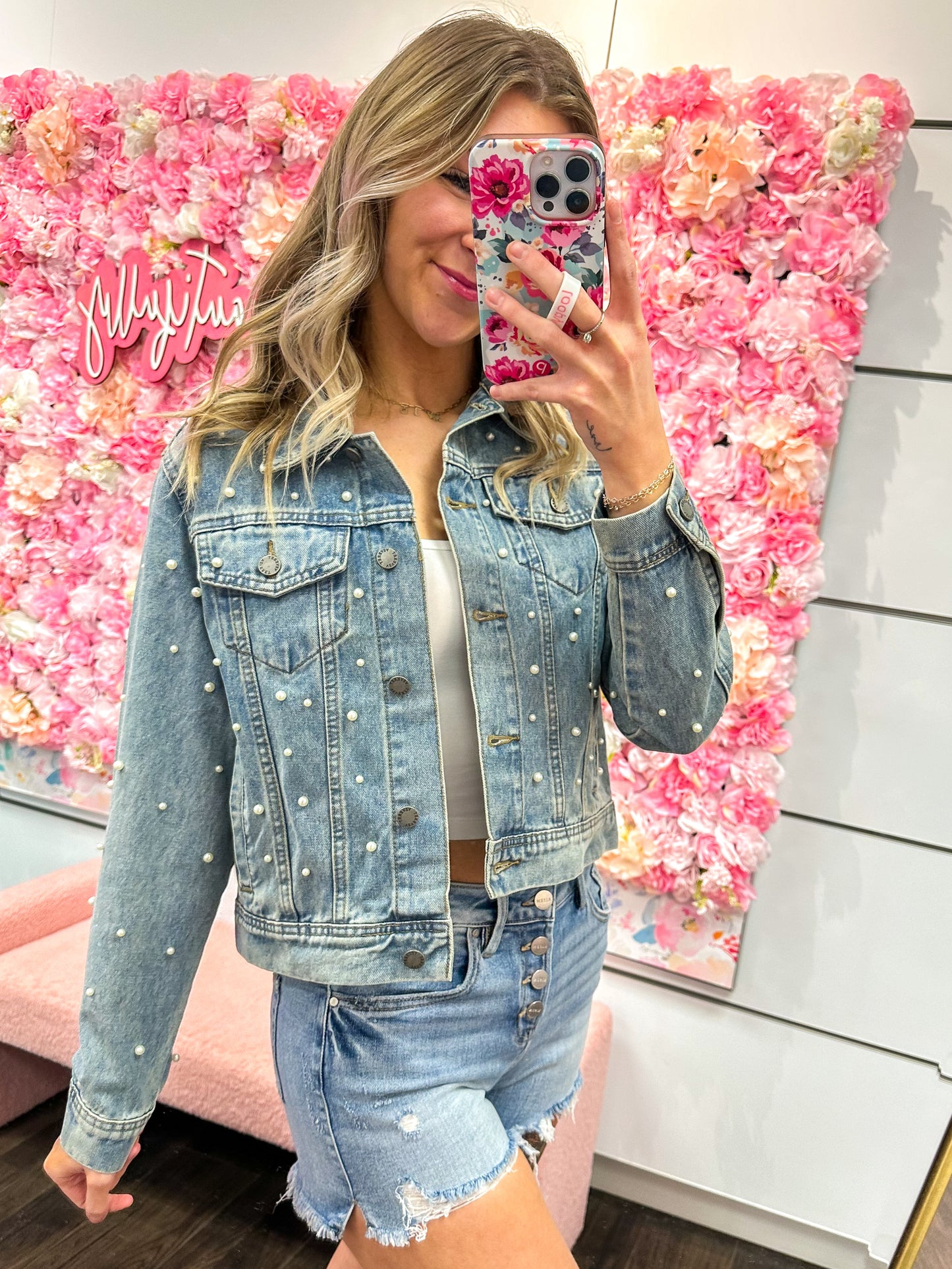 Aria All Over Pearl Cropped Denim Jacket - Medium