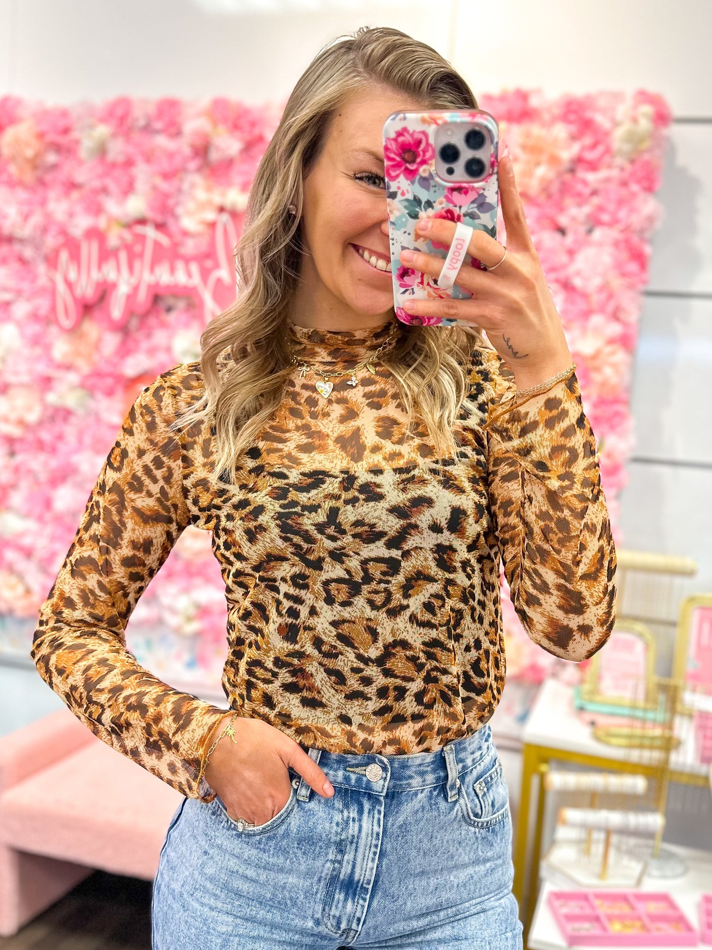 Adrienne Animal Print Mesh Mock Neck Top