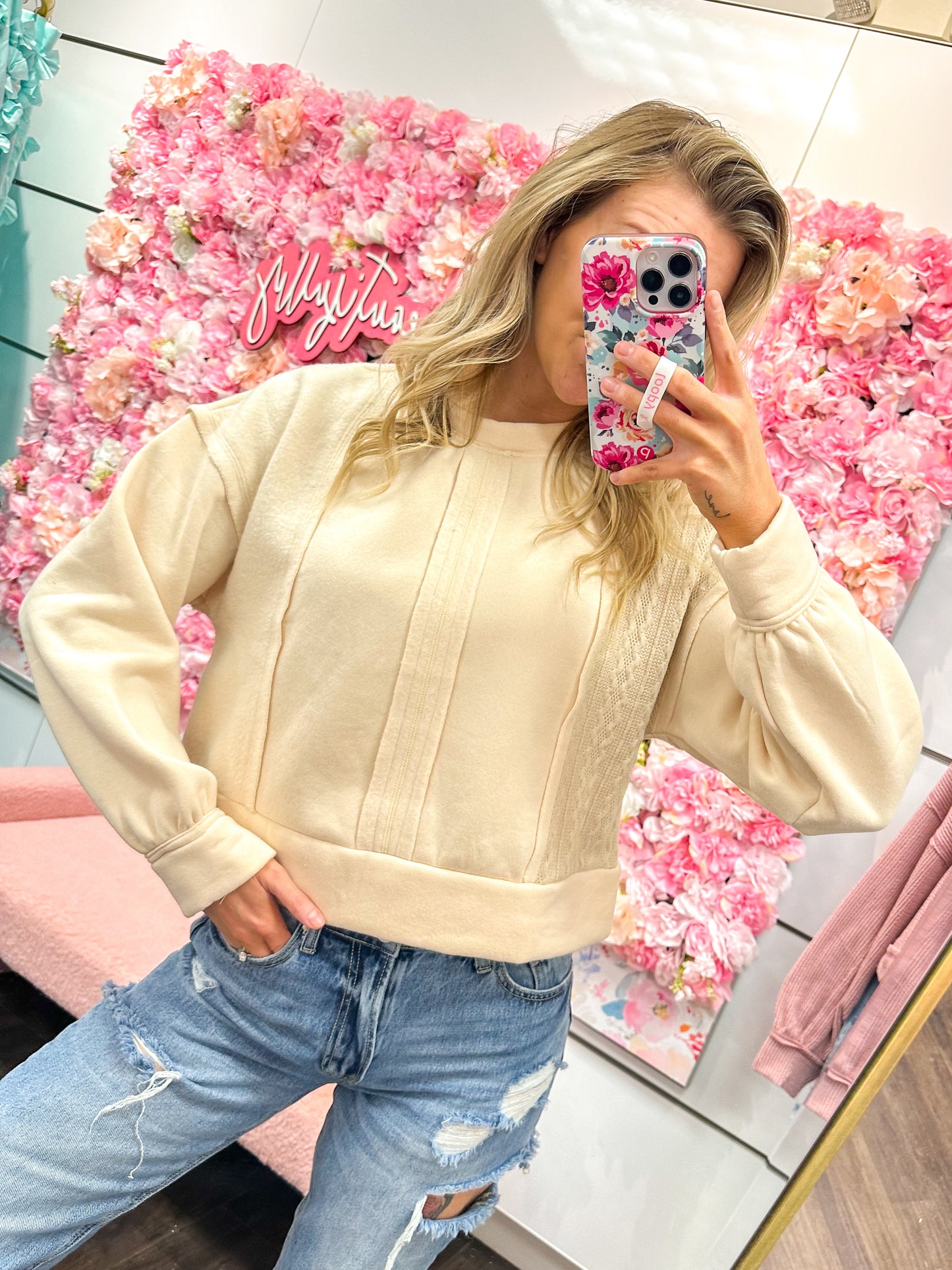 Charlie Cable Contrast Detail Oversized Knit Crop Top - Cream