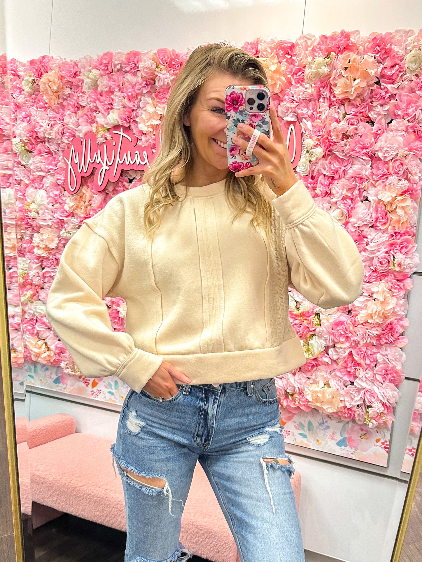 Charlie Cable Contrast Detail Oversized Knit Crop Top - Cream