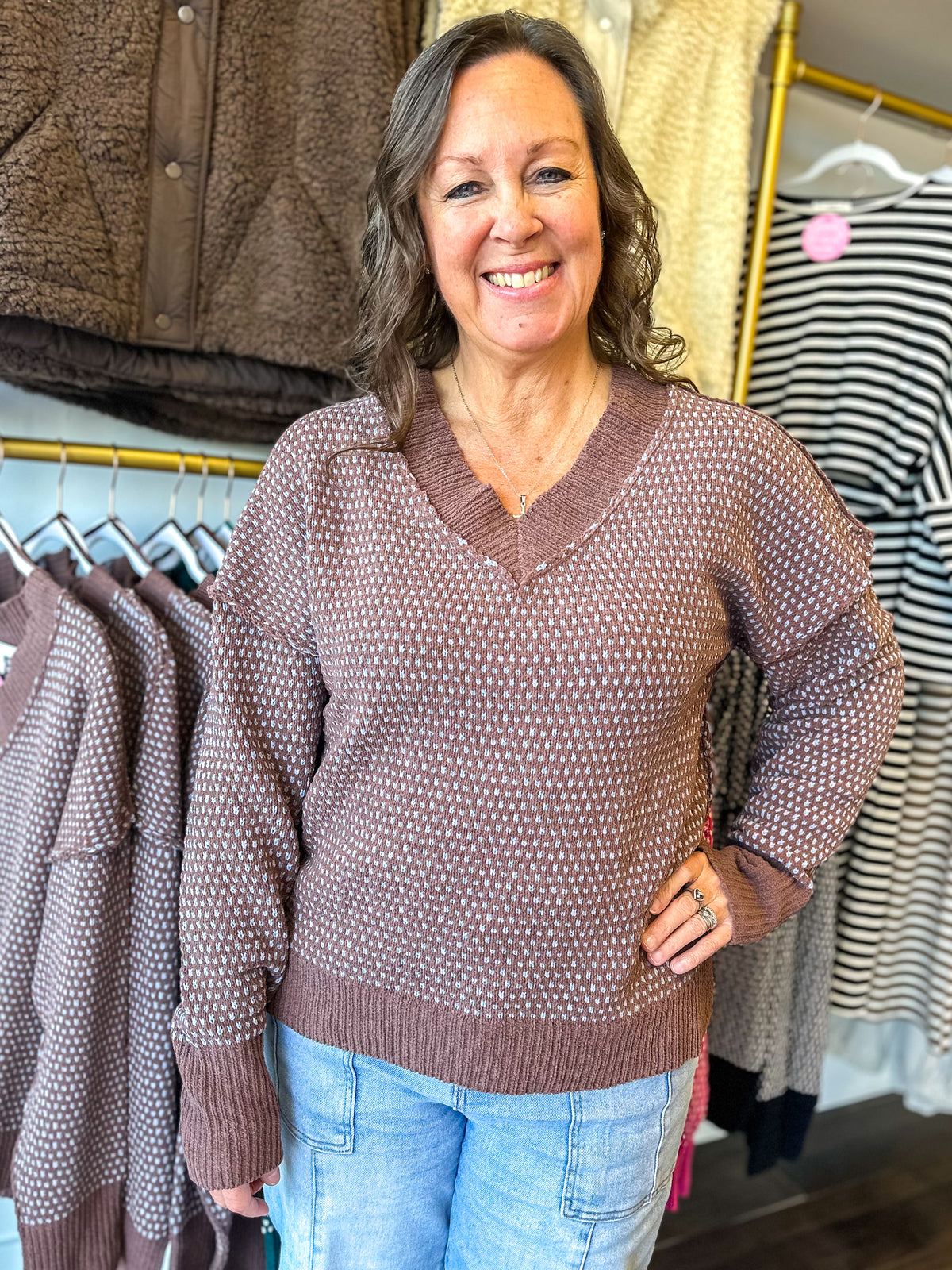 Callie Contrast Stitch Sweater - Chocolate