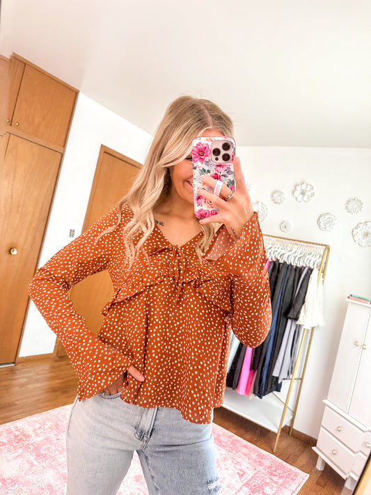 Darcy Dotted Ruffle Bell Sleeve V-Neck Blouse Woven Top - Camel