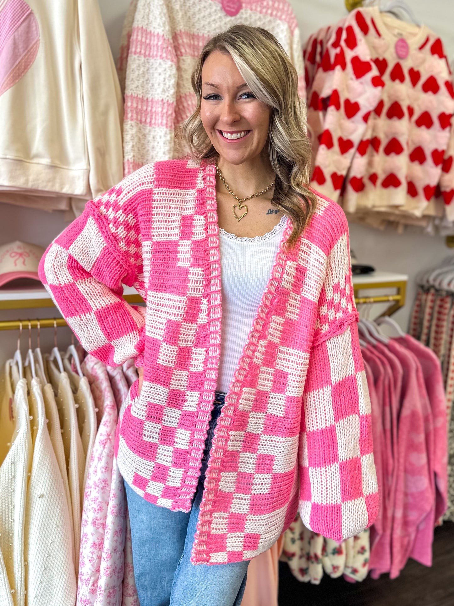 Checkmate Cutie Cardigan - Neon Pink
