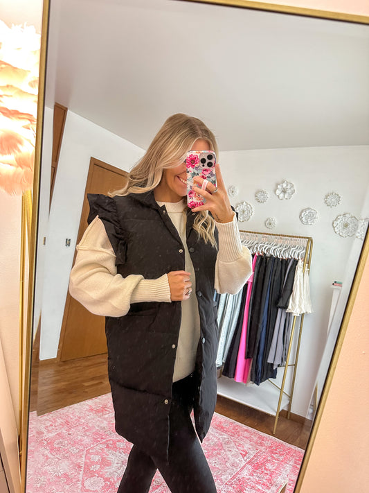 Reese Ruffle Sleeve Puffer Long Vest - Black