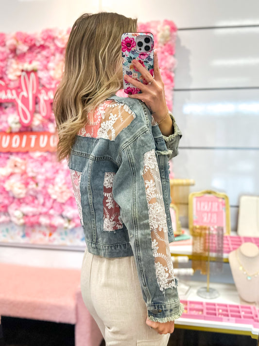 Linley Lace Inset Raw Detail Oversized Denim Jacket
